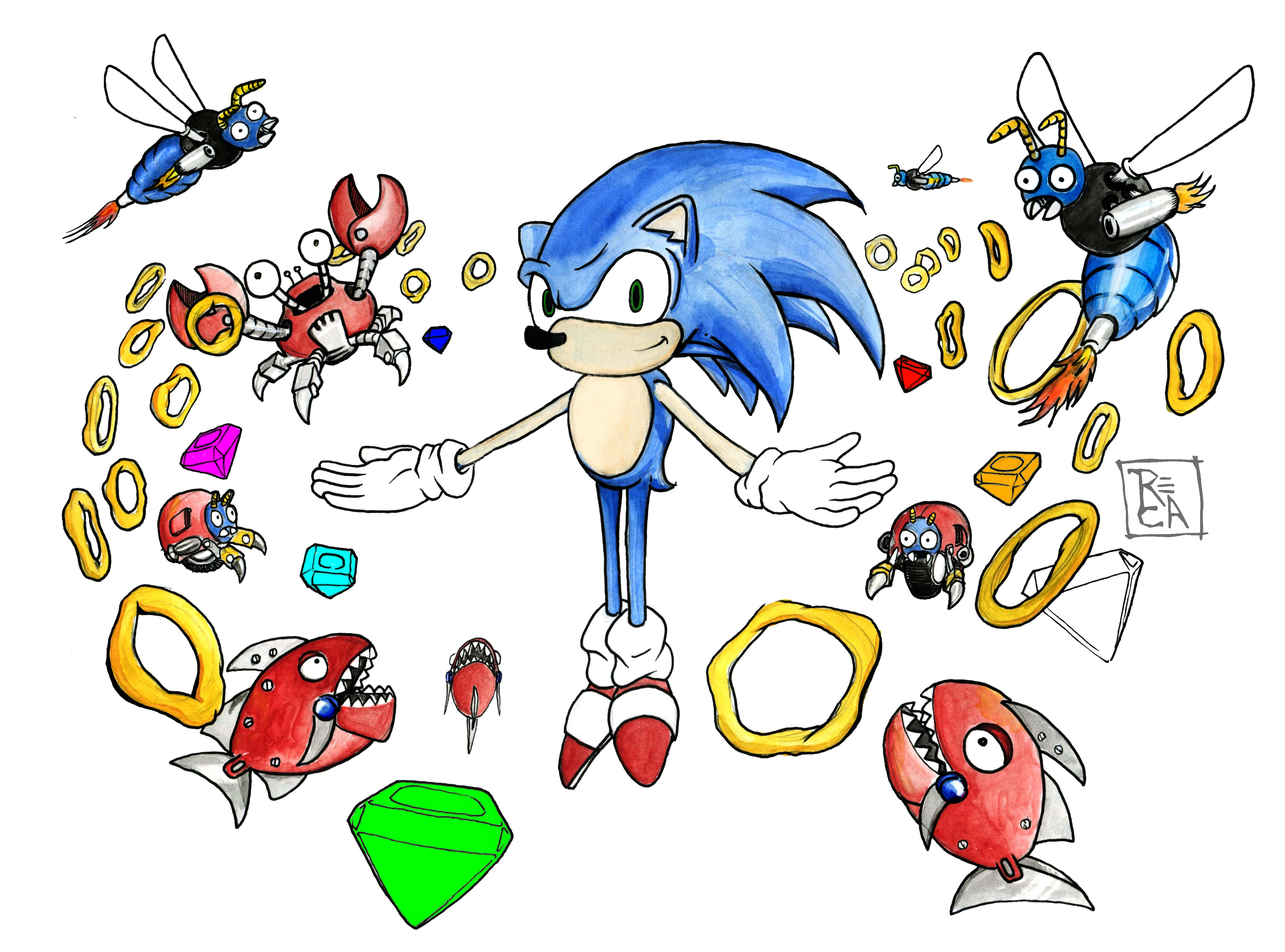 Sonic Fan Art 桌布 壁紙 — 刺蝟索尼克站在白色背景上，被飛行的機械人以及散落的戒指和寶石包圍。