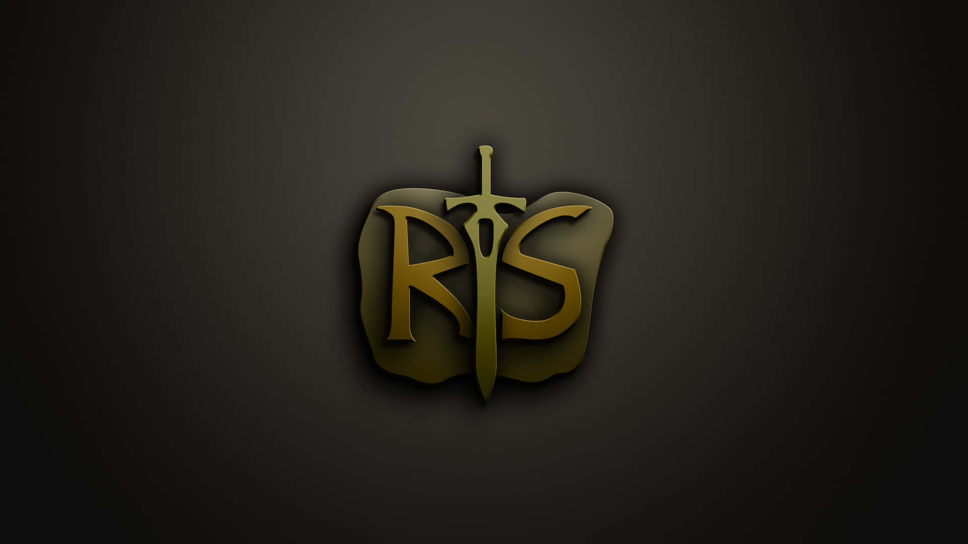 刻有「RS」字樣的金色劍 壁紙 — 金色風格化嘅「RS」標誌，有一把劍穿過佢，背景係深色漸變。