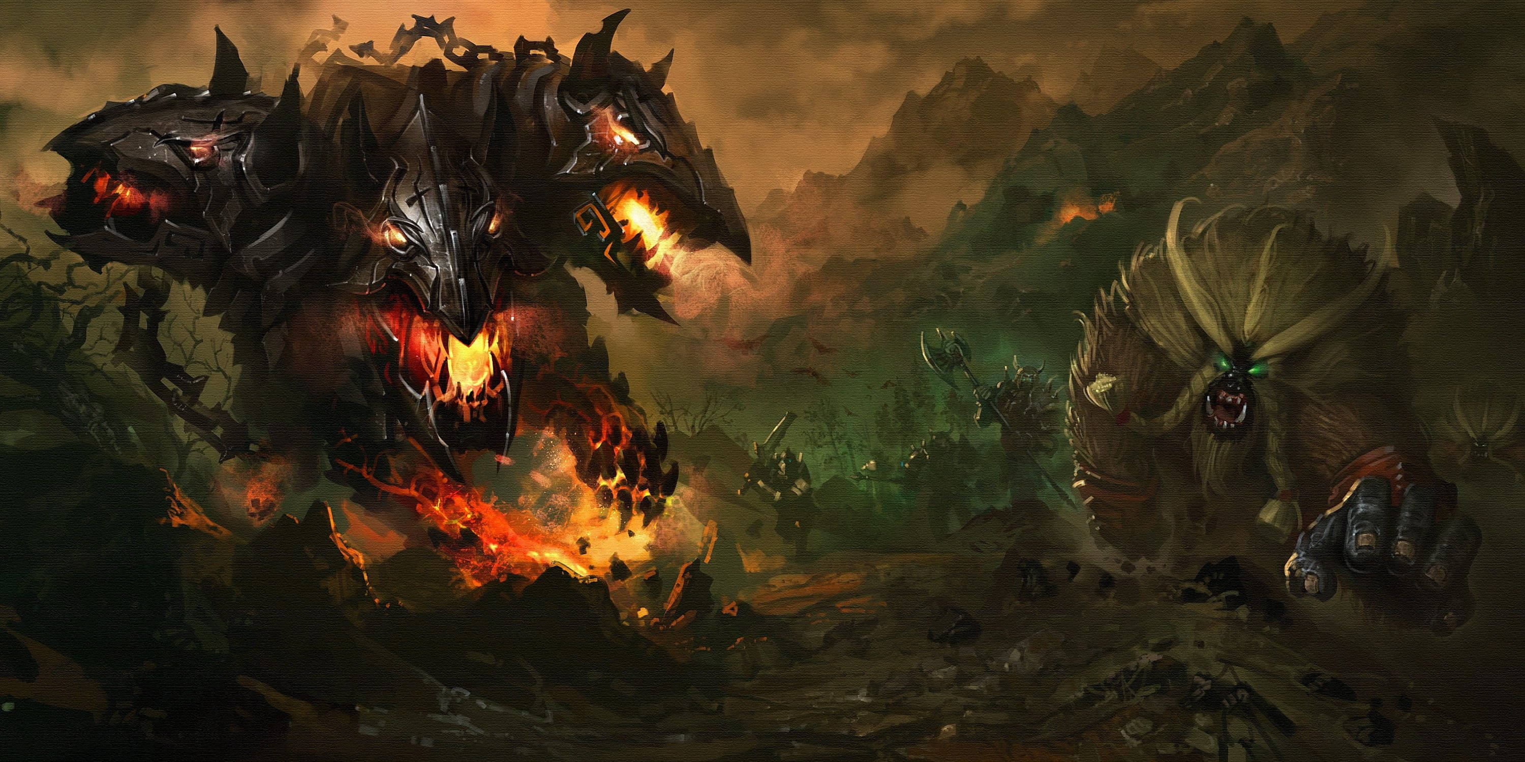 刻耳柏洛斯魔獸戰爭 壁紙 — 兩頭怪獸在煙霧瀰漫的天空下，於黑暗的山巒之間進行一場激烈的戰鬥。