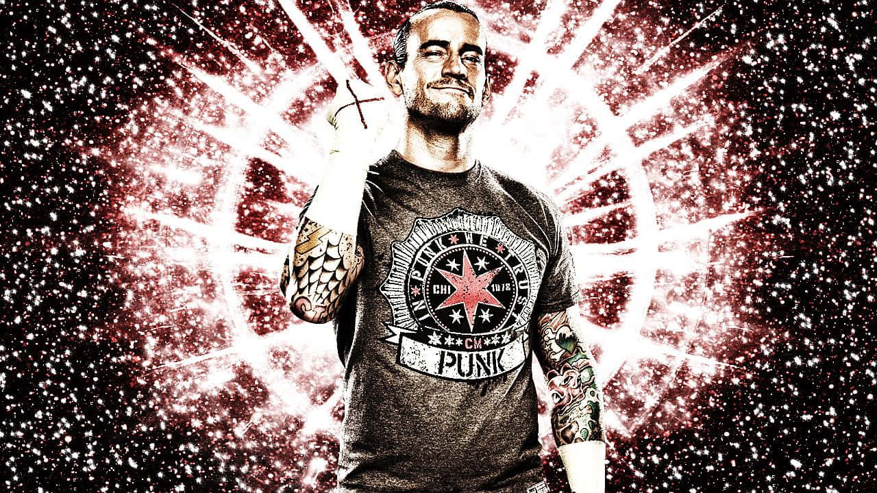 WWE摔角手CM Punk帶有紋身和星星標誌襯衫，站在火熱背景前。