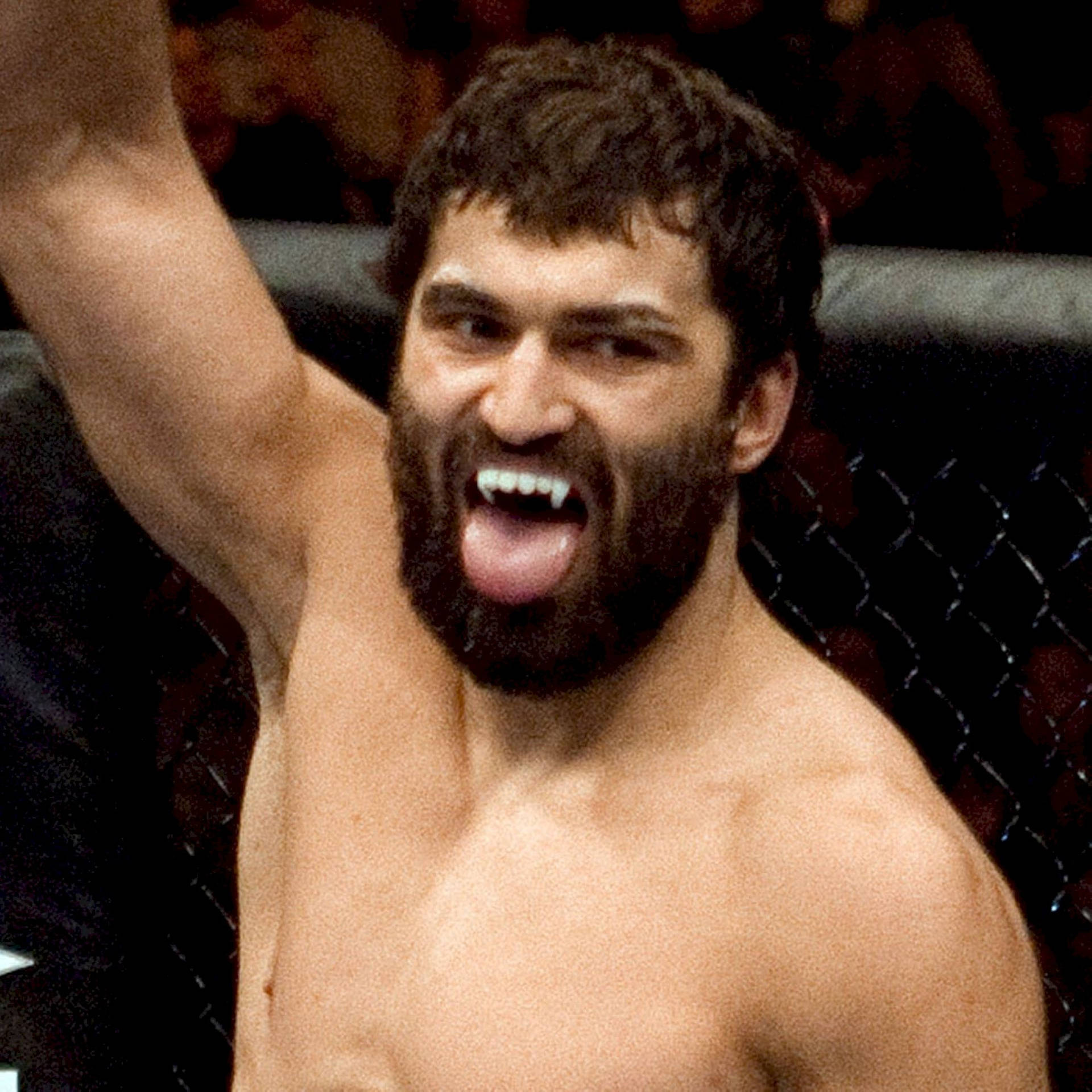 一位留鬍子、赤裸上身的拳手在籠中舉起手臂慶祝勝利。