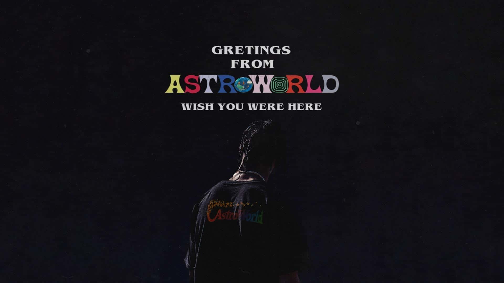 穿深色T恤的人站在星空下，有色彩繽紛的Astroworld文字。
