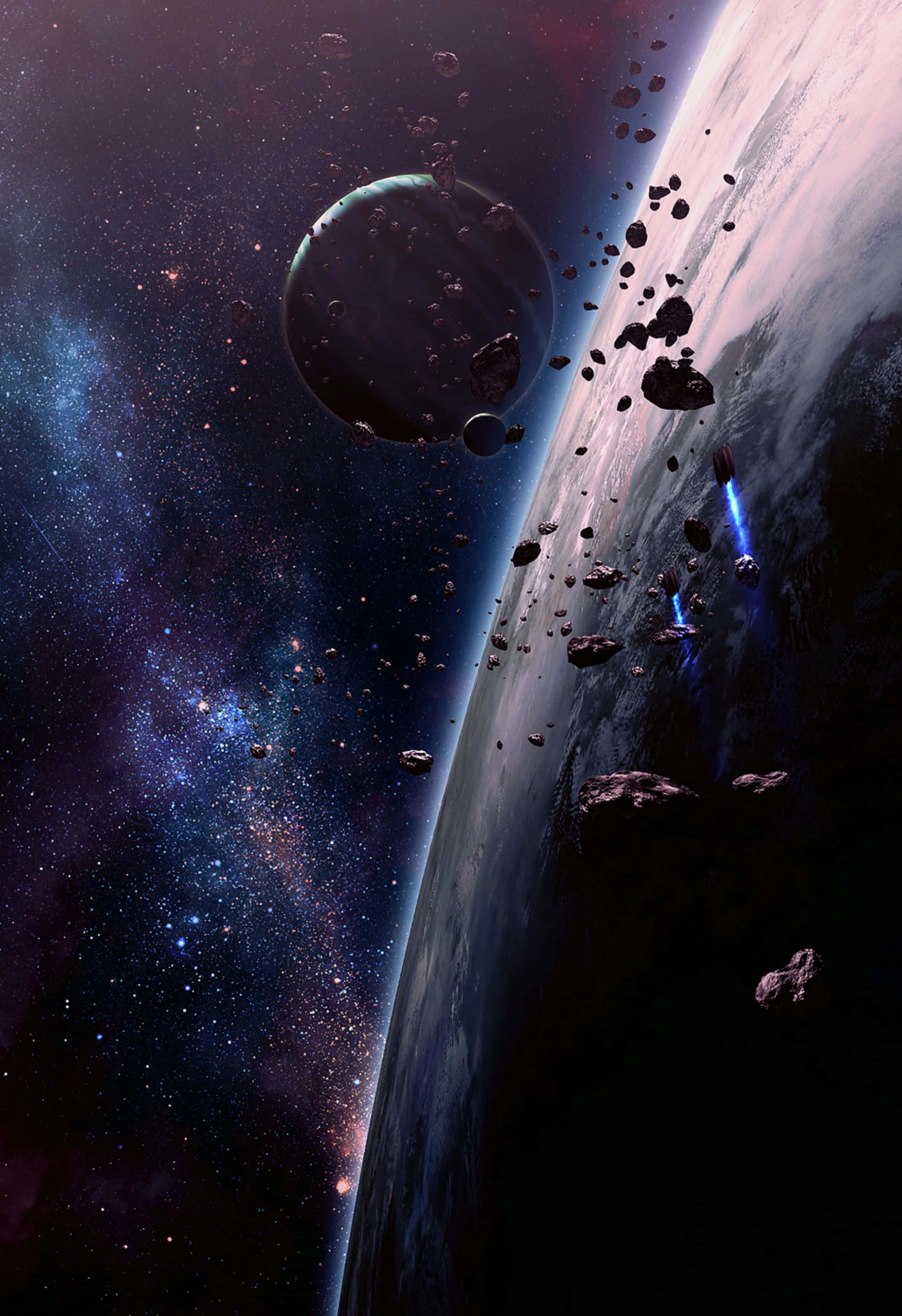 前往動物銀河之旅 壁紙 — 宇宙景觀顯示行星彎曲的地平線，小行星漂浮在繁星點點的星雲背景上。