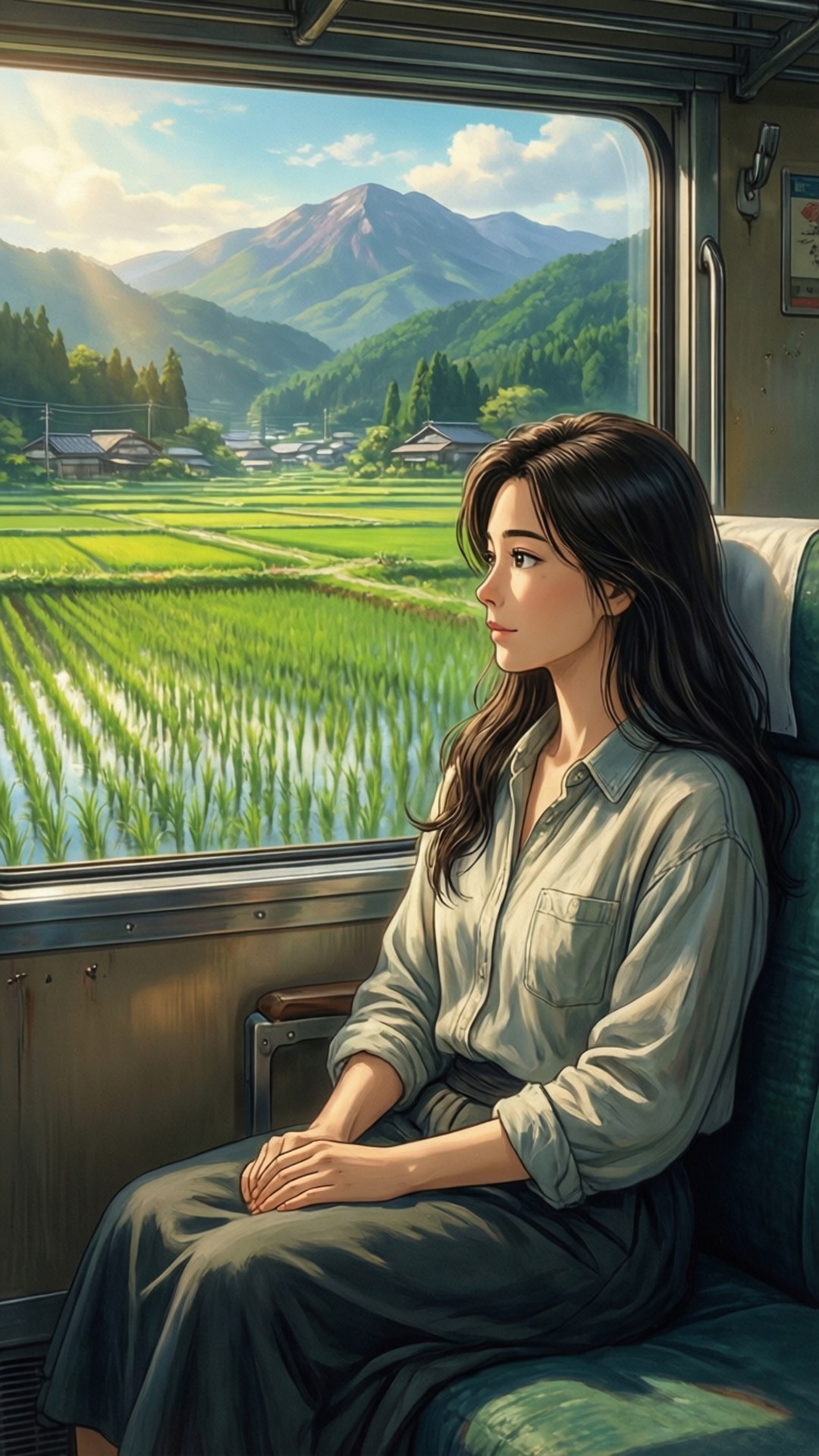 前往山形的列車 壁紙 — 一位年輕女性透過火車窗戶望向明亮的天空下充滿活力的綠色稻田和遠處的山脈。