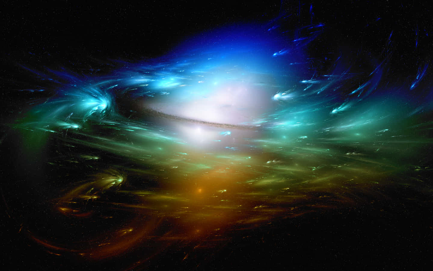 在深空中帶有旋轉的藍色、綠色和橙色雲朵的鮮豔宇宙星雲。