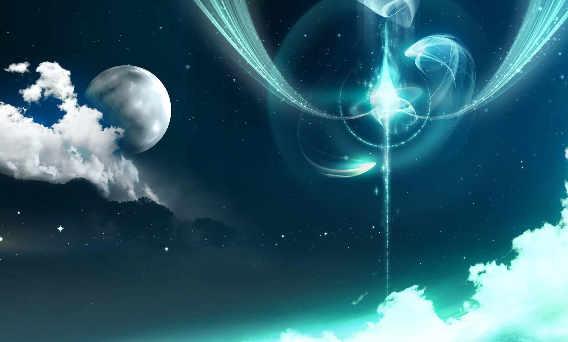 一道發光的宇宙光束穿過雲層升起，滿月在繁星點點的夜空中。