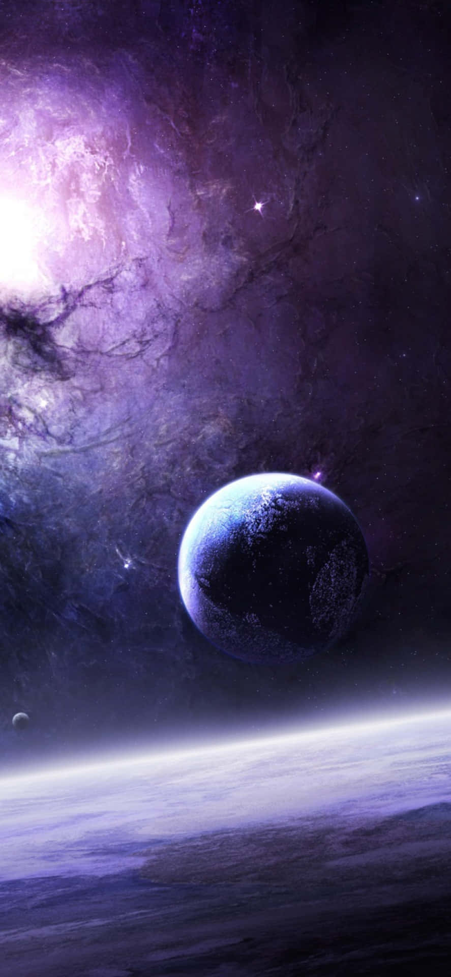 紫色星雲環繞著宇宙地平線上方的一顆行星。
