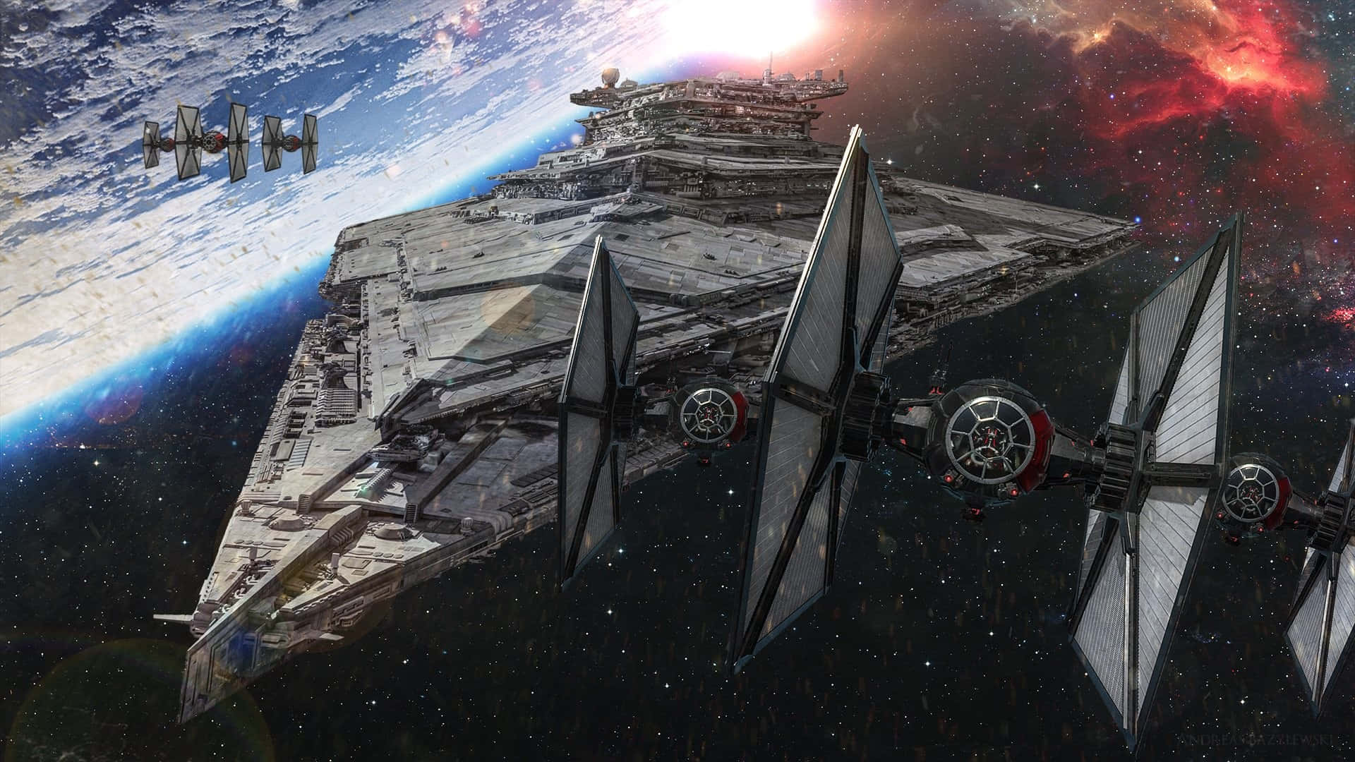 前往遙遠的星系 壁紙 — 威嚴的星際驅逐艦和TIE戰鬥機在星空翱翔，下方是藍色行星，遠處紅色星雲閃耀。
