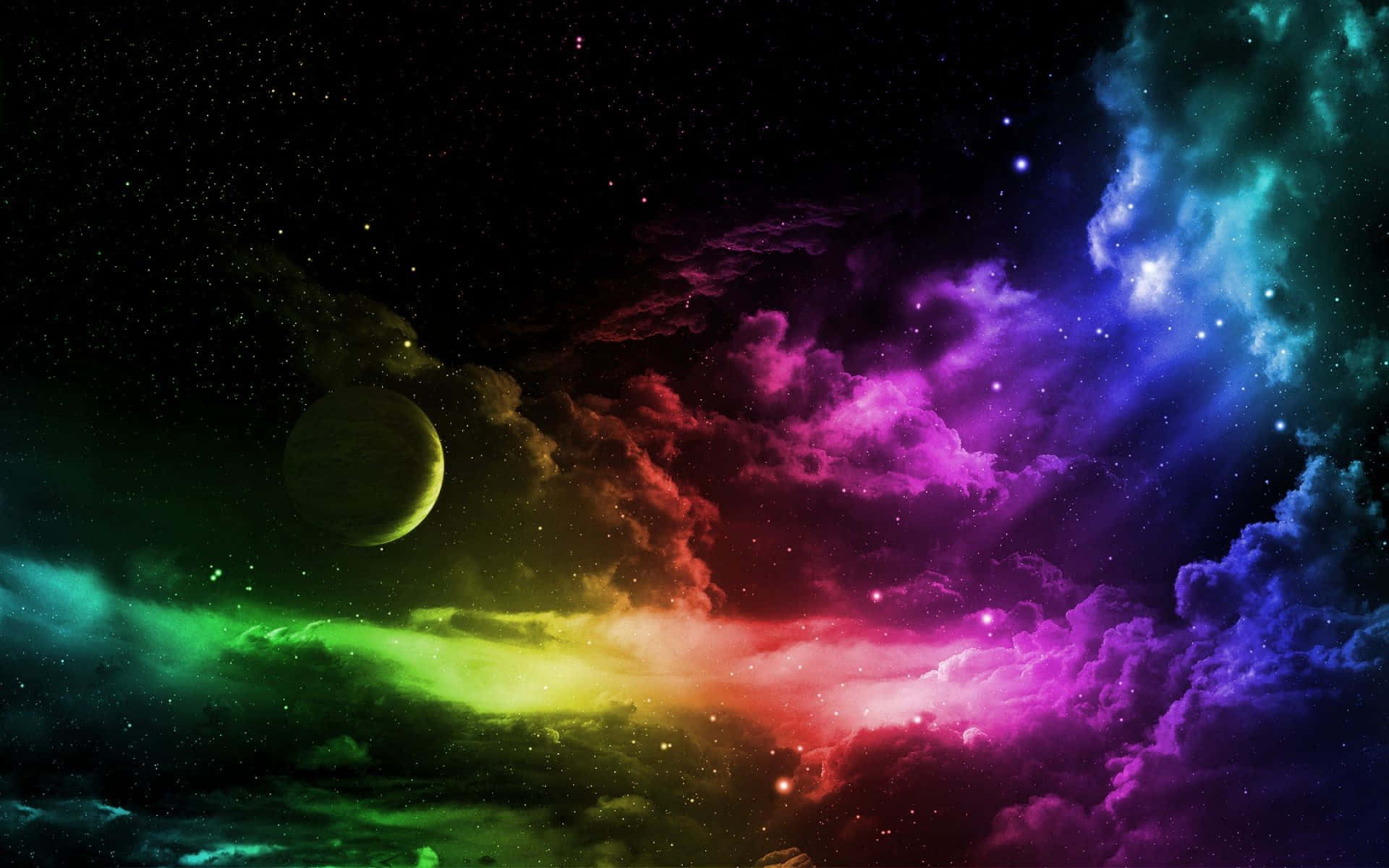 充滿活力的宇宙星雲，點綴著星星和一顆遙遠的行星，構成色彩繽紛的太空場景。