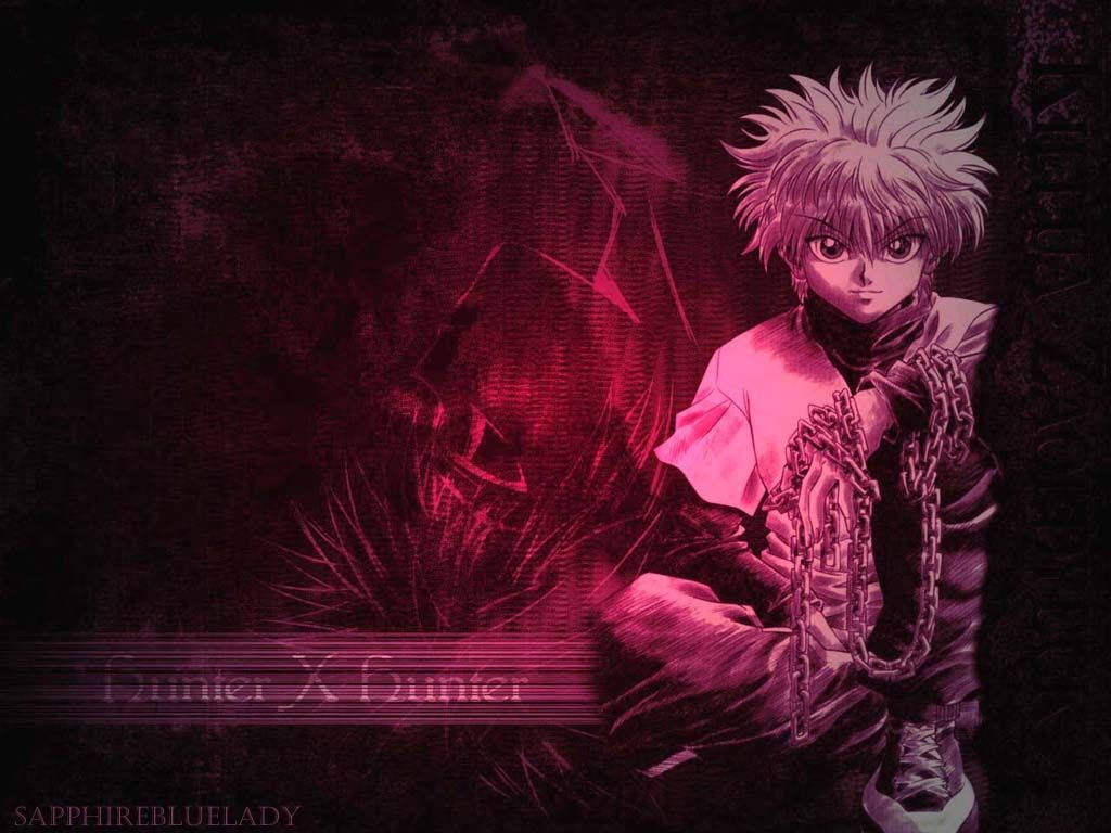 動漫角色在暗紅色燈光中手持鎖鏈，舉著 Hunter X Hunter 標題。