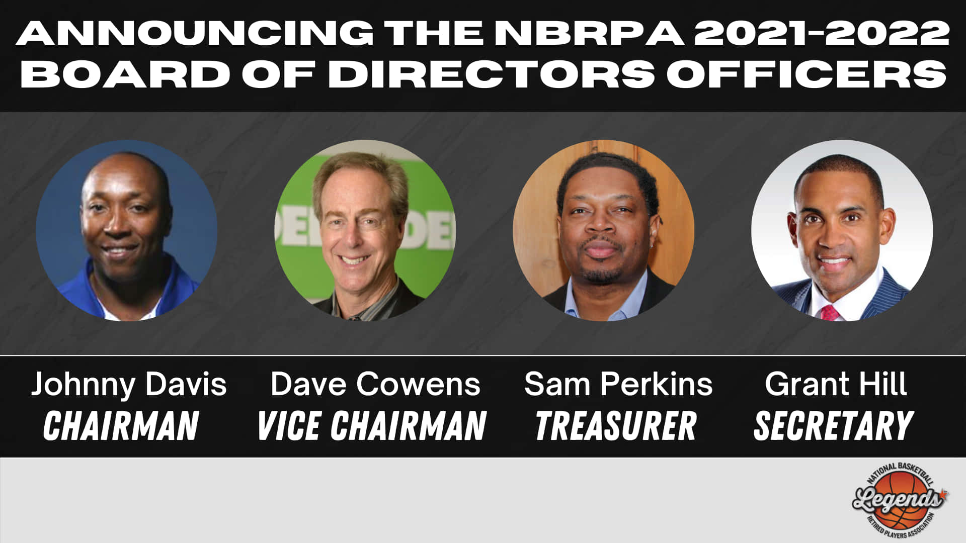 四位籃球傳奇人物被任命為 NBRPA 董事會成員，照片下方有職稱。