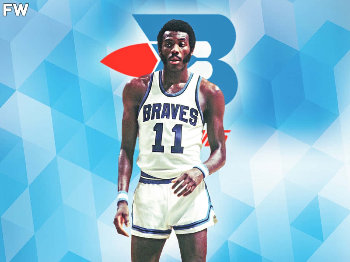前美國NBA布法羅勇士隊球員鮑勃·麥卡杜圖形設計 壁紙 — 一名身穿 Braves 11 球衣的籃球運動員自信地站在藍色幾何背景前，背景上有紅色箭頭標誌。