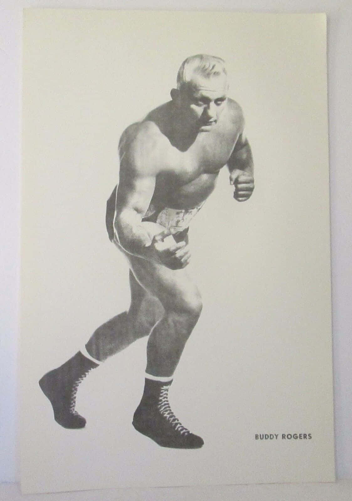 摔角手 Buddy Rogers 戰鬥姿勢的復古黑白肖像。