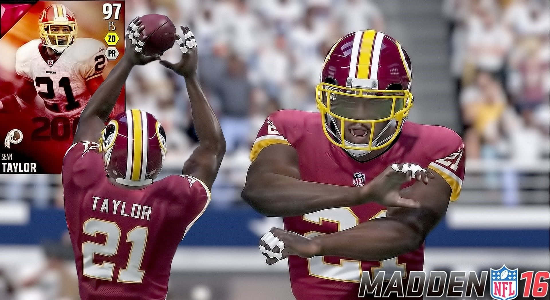兩名身穿栗色球衣的美式足球員在《Madden NFL 16》電子遊戲中慶祝達陣。