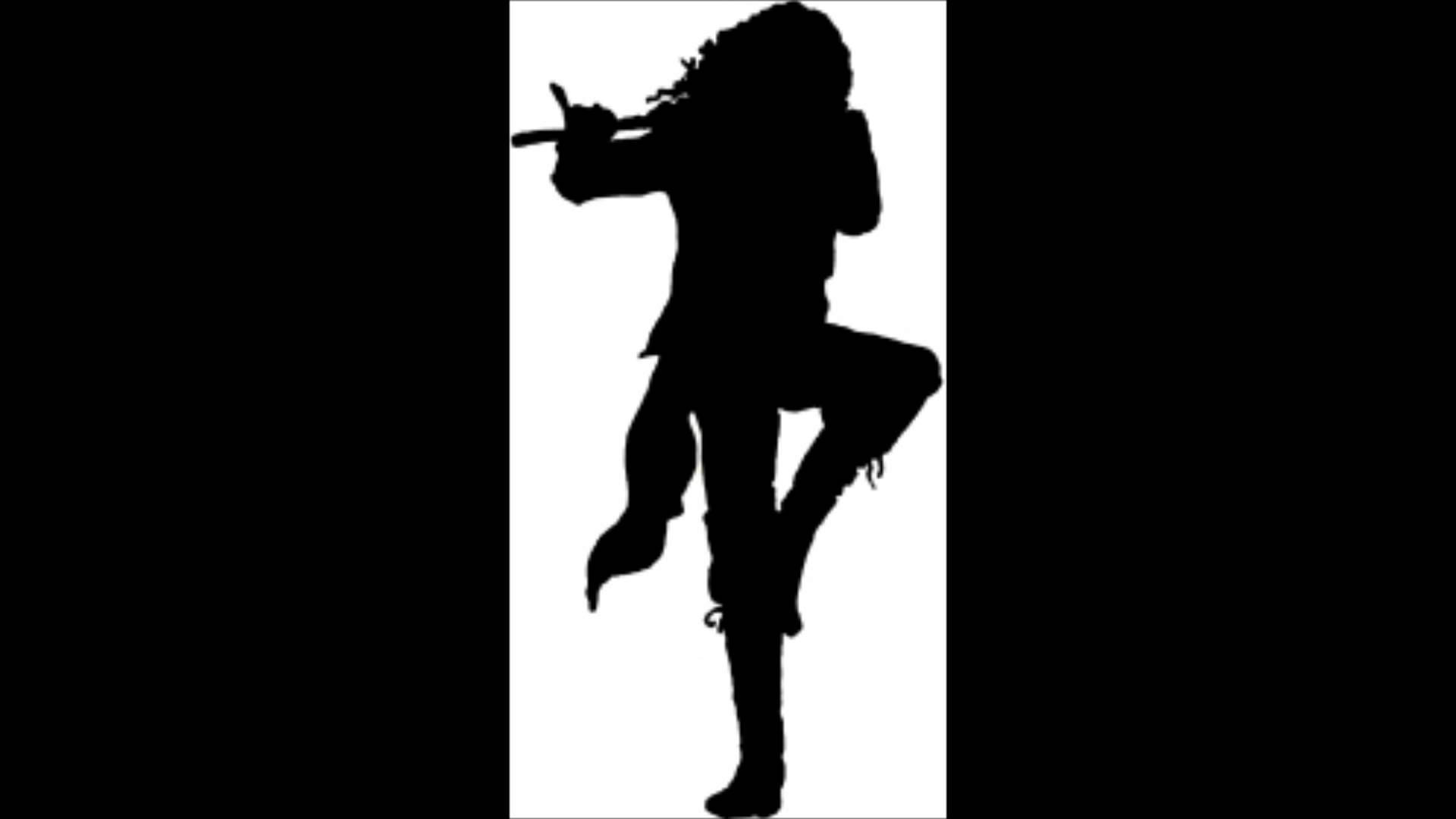 前衛搖滾樂隊 Jethro Tull 最簡約黑底白字標誌插畫 壁紙 — 一個大膽的黑色剪影，海盜以動態姿勢手持劍，背景為純白色。