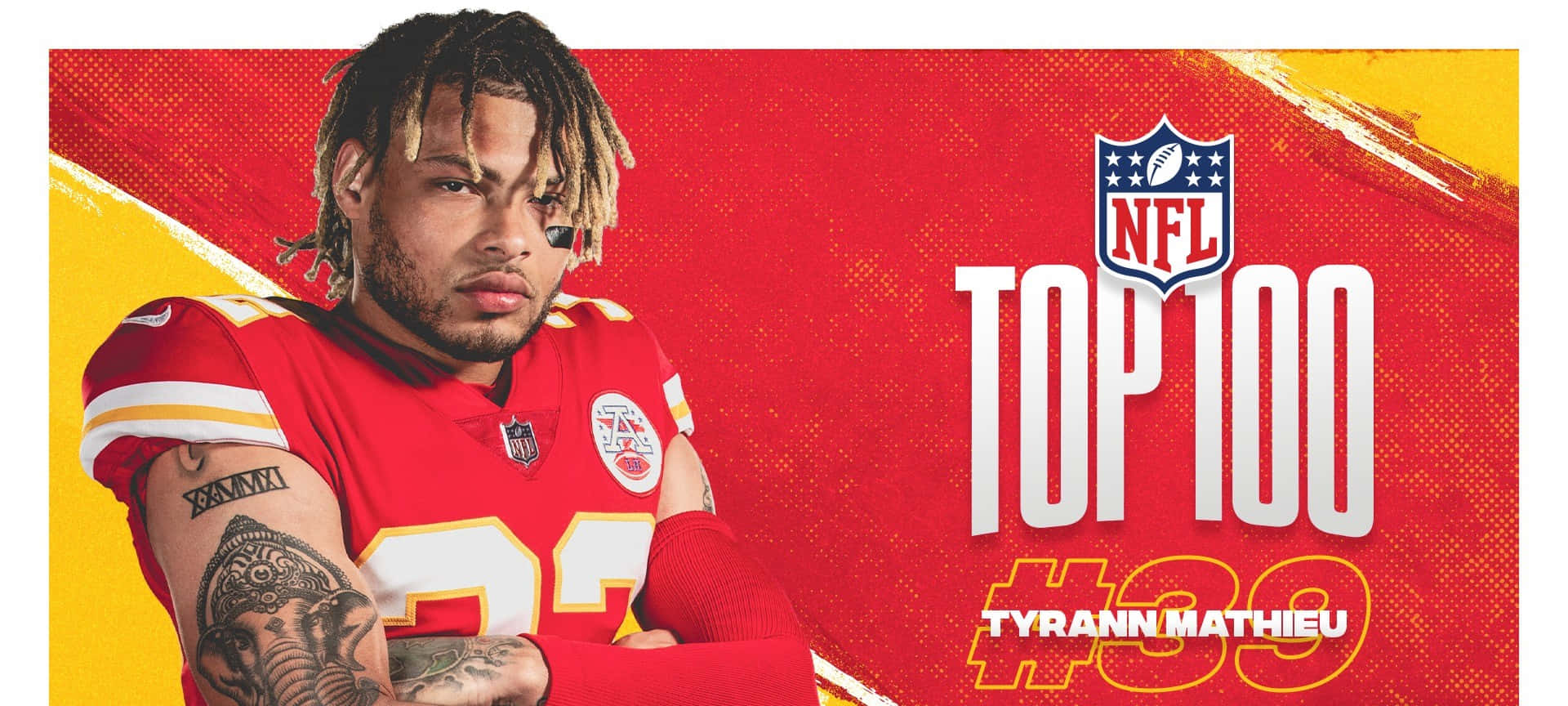 NFL 球員 Tyrann Mathieu 在 Top 100 中排名第 39，身穿紅色球衣，紋身清晰可見。