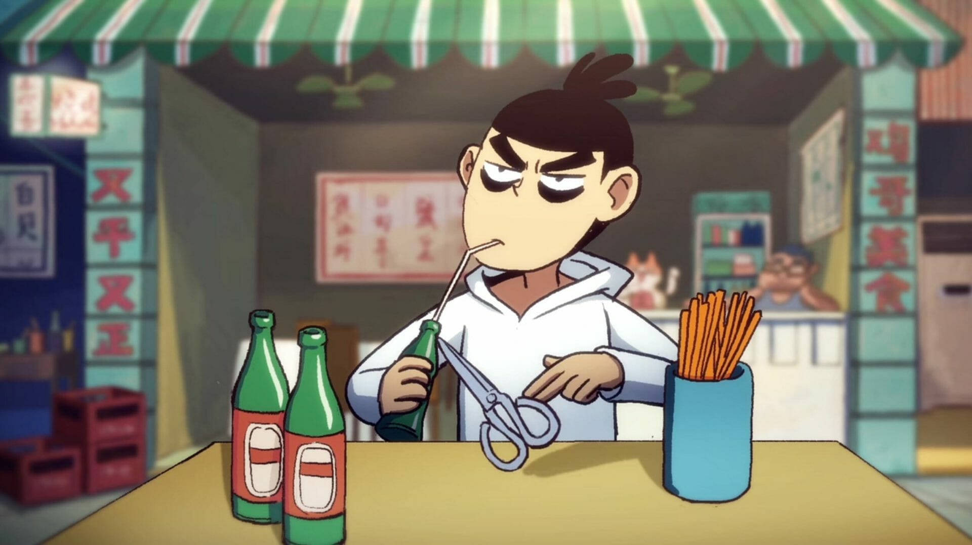 動漫男孩在小吃攤用剪刀剪瓶子