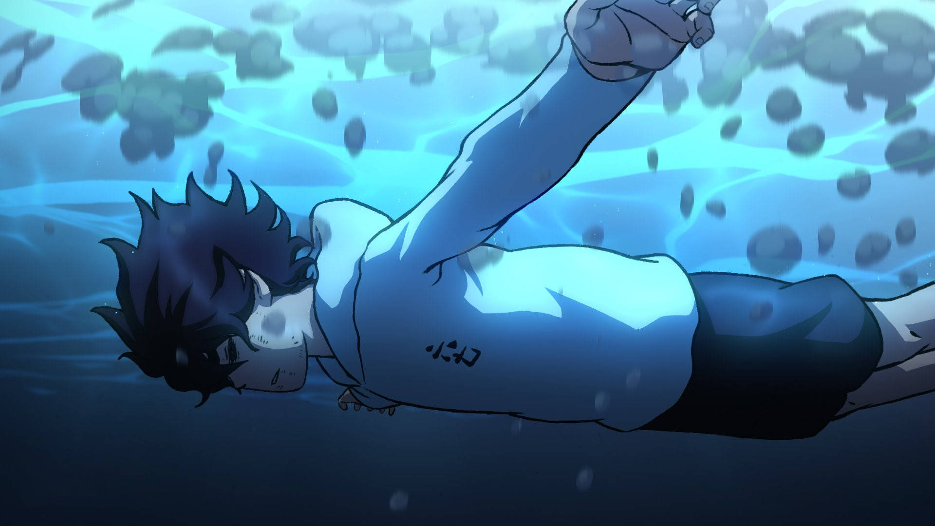 動漫男孩漂浮在水下，周圍有氣泡在藍色水中升起。