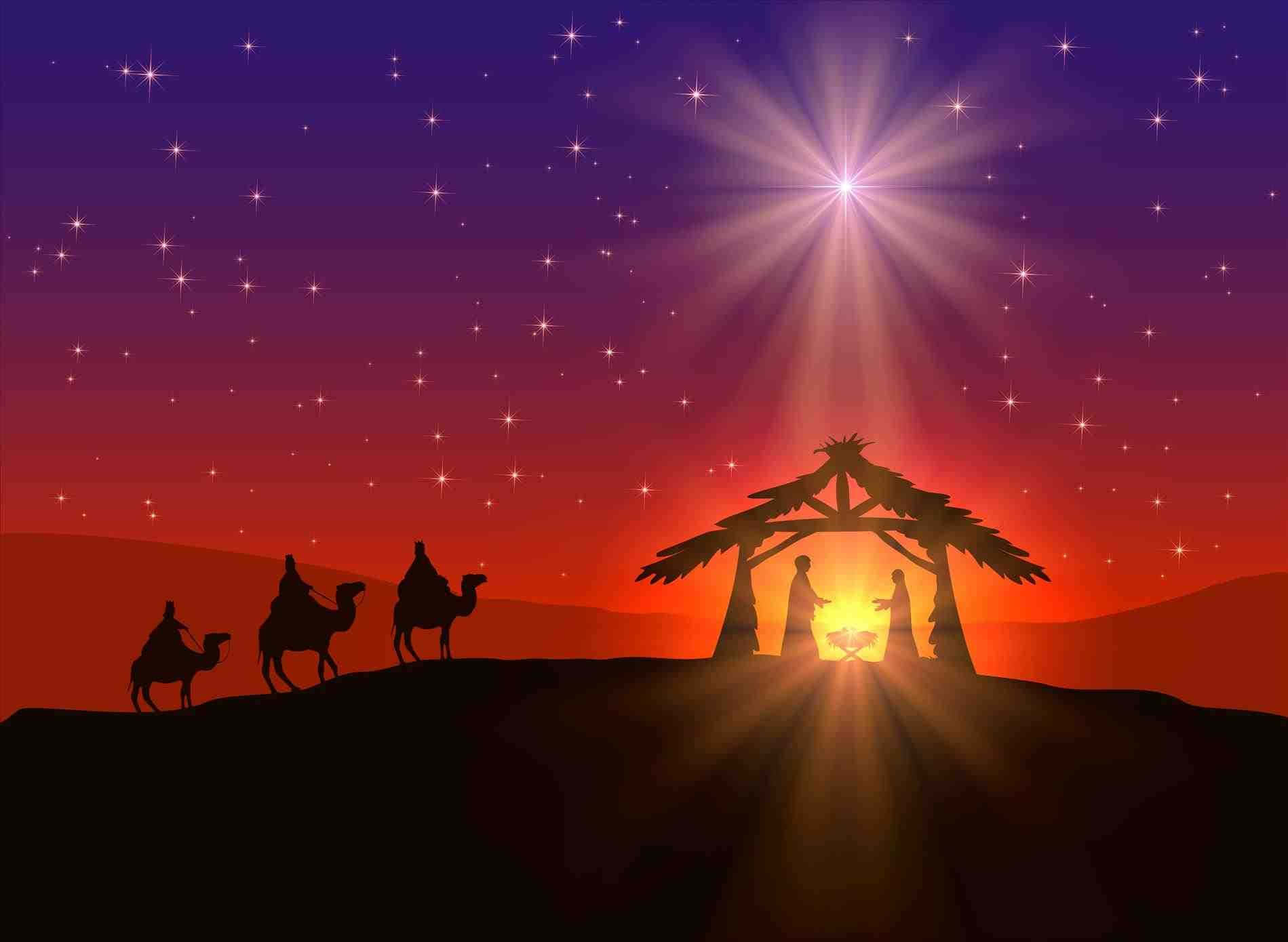 Nativity Scene 桌布 壁紙 — 剪影中的智者騎著駱駝，在星光燦爛的暮色天空下，向著發光的馬槽前行。