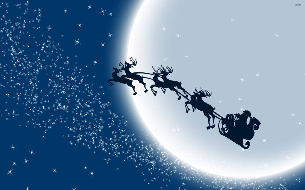Santa 桌布 壁紙 — 剪影中的聖誕老人雪橇由馴鹿拉著，在星光燦爛的夜空下飛過發光的月亮。