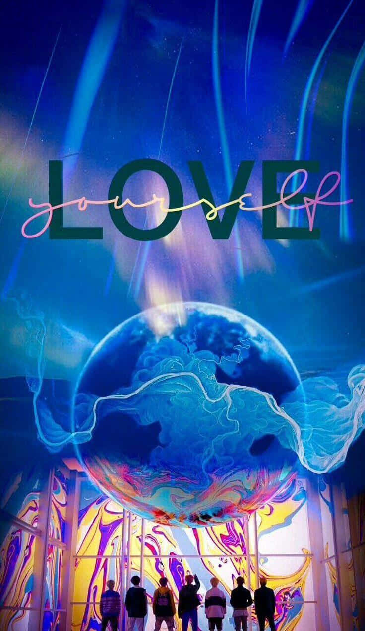 love yourself 桌布 壁紙 — 剪影人物仰望懸浮在充滿活力的宇宙空間中的發光藍色星球，上方有風格化的文字LOVE。