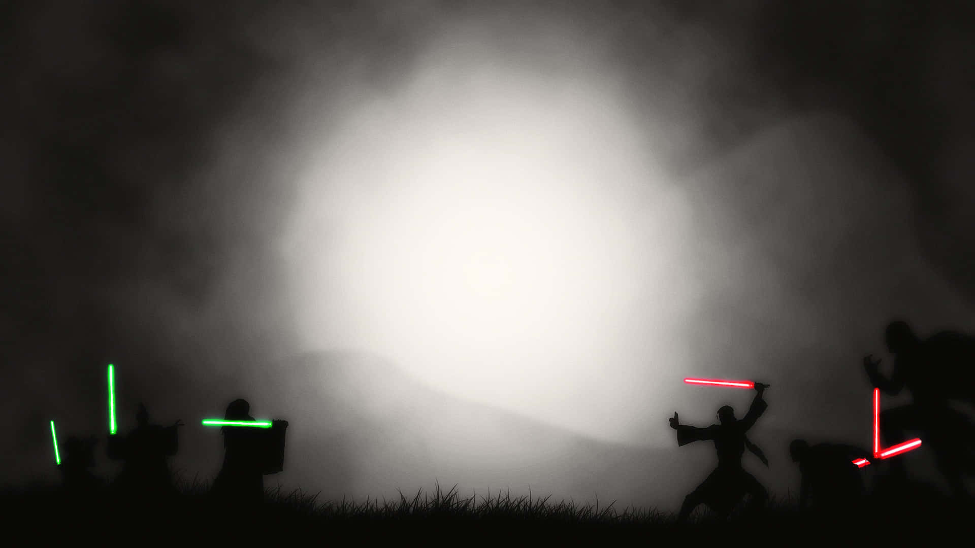 Jedi Knight 桌布 壁紙 — 剪影人物在明亮的霧氣背景下，用發光的綠色和紅色光劍決鬥。