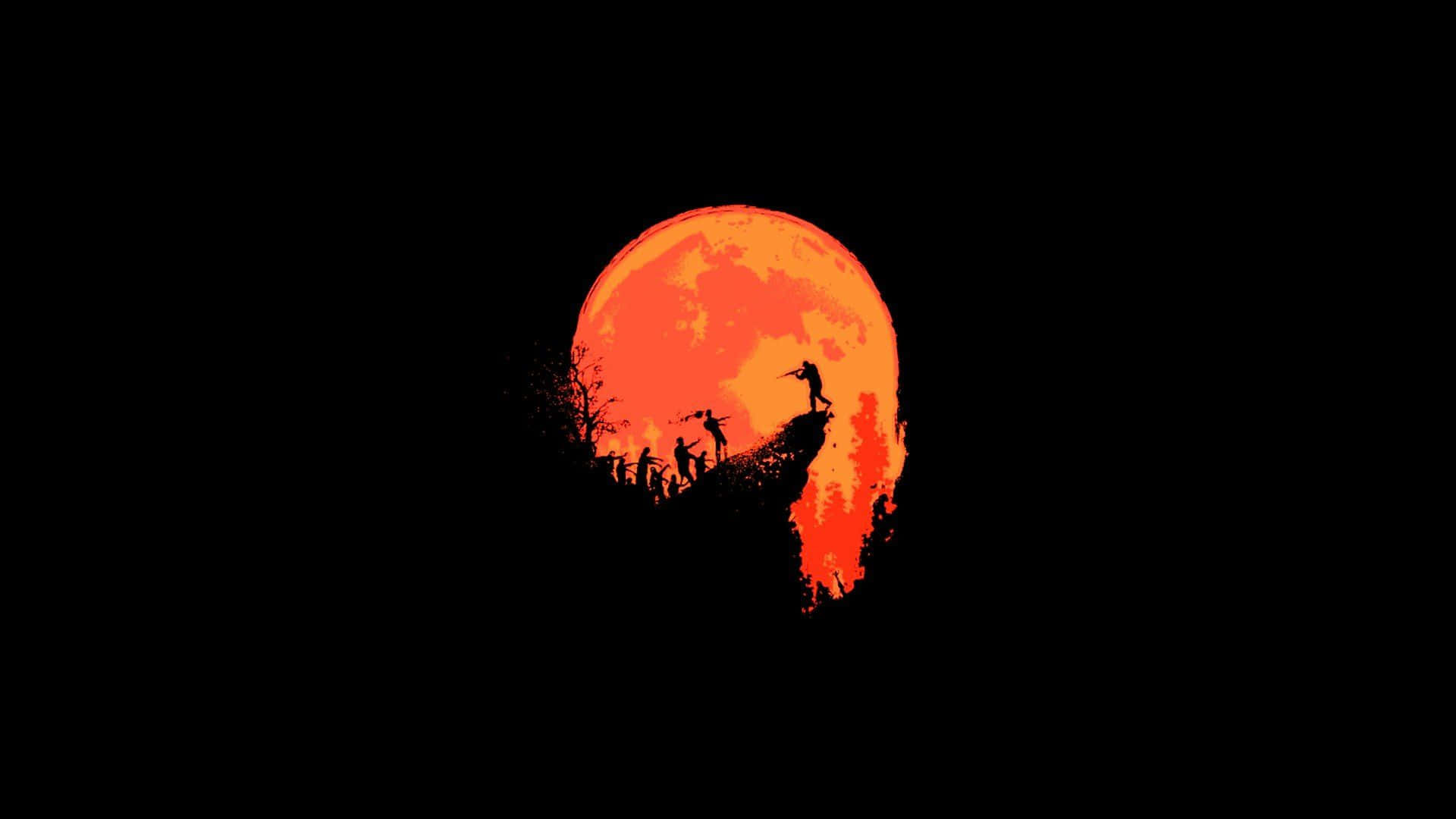 Black And Orange 桌布 壁紙 — 剪影人物在荒涼的黑色虛空中攀爬懸崖，背景是一個巨大的發光橙色月亮。