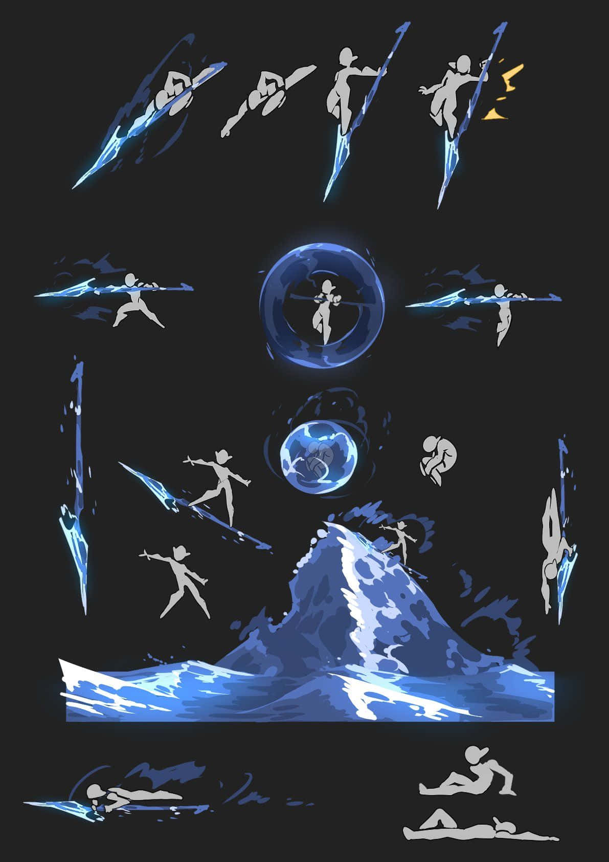Game Animation 桌布 壁紙 — 剪影人物在黑暗的天空下，於鋸齒狀的山峰和拍岸的浪濤之上，在發光的藍色刀片上滑行。