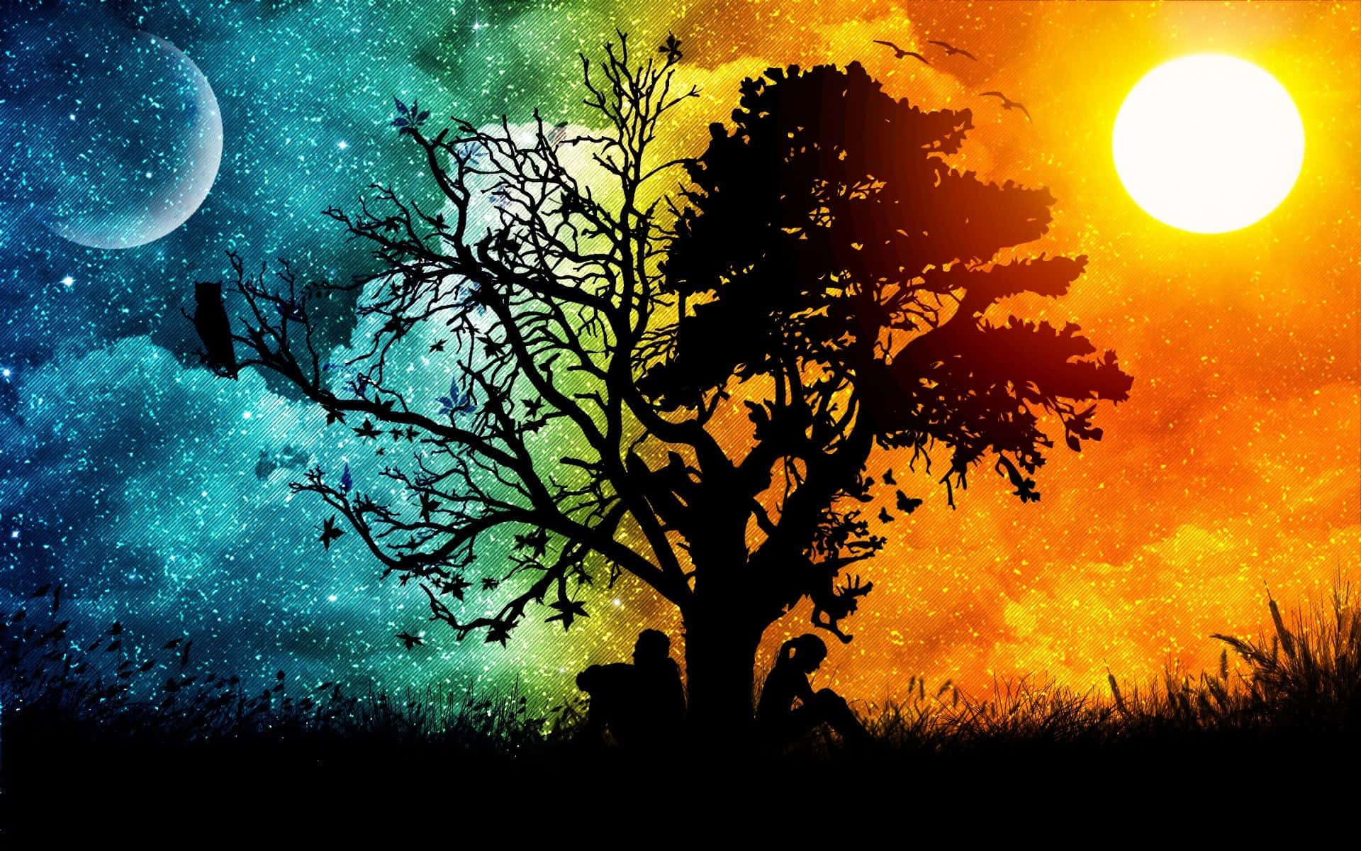 太陽與月亮 桌布 壁紙 — 剪影人物坐在一棵孤樹下，夕陽與星空月光交織，形成超現實的暮色。