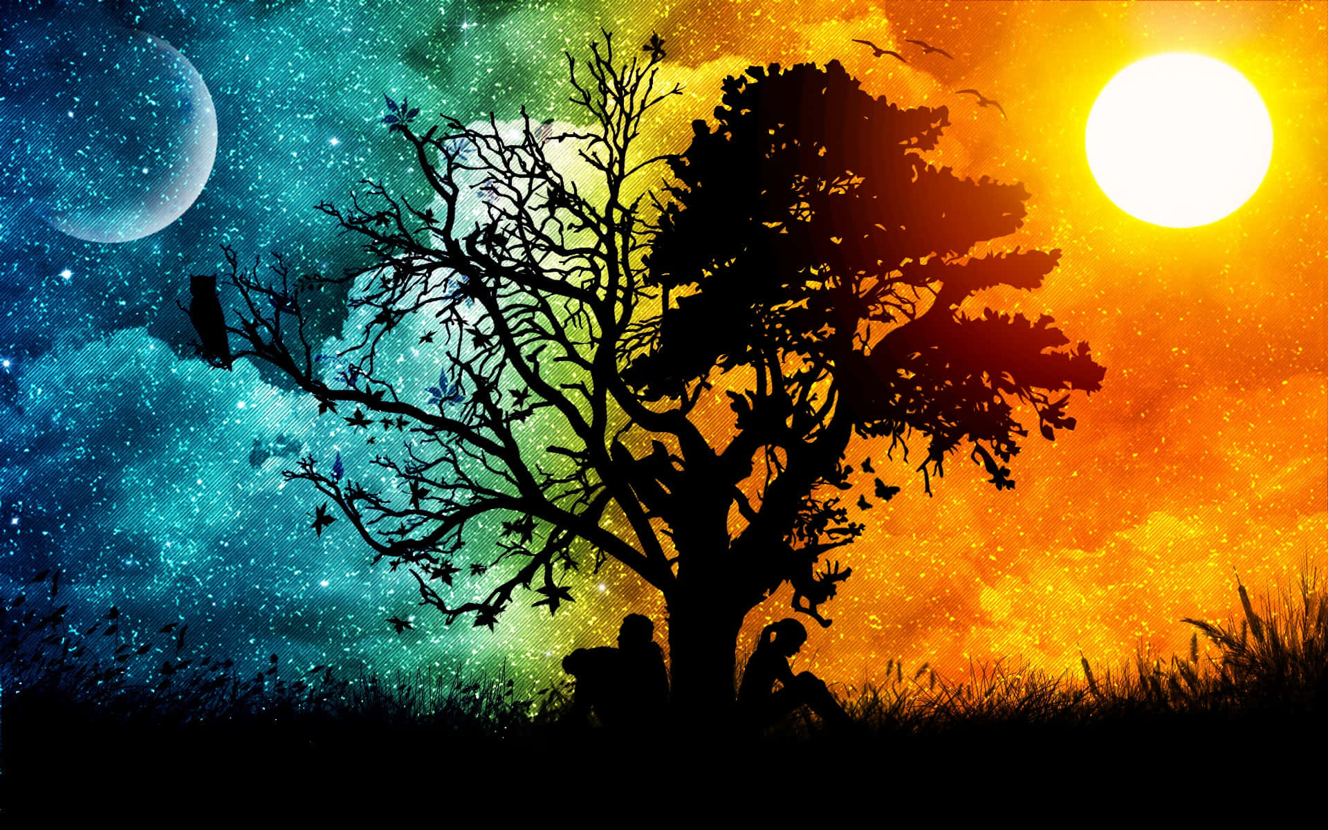 太陽與月亮 桌布 壁紙 — 剪影人物坐在一棵孤樹下，夕陽西下，與新月和飛鳥的星空夜空交相輝映。