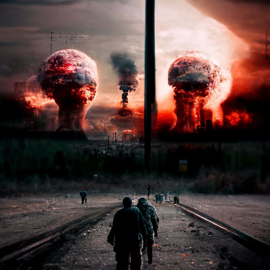 Nuclear Winter 桌布 壁紙 — 剪影人物沿著破損的鐵路軌道走向被巨大熾熱核爆炸和滾滾濃煙籠罩的地平線。