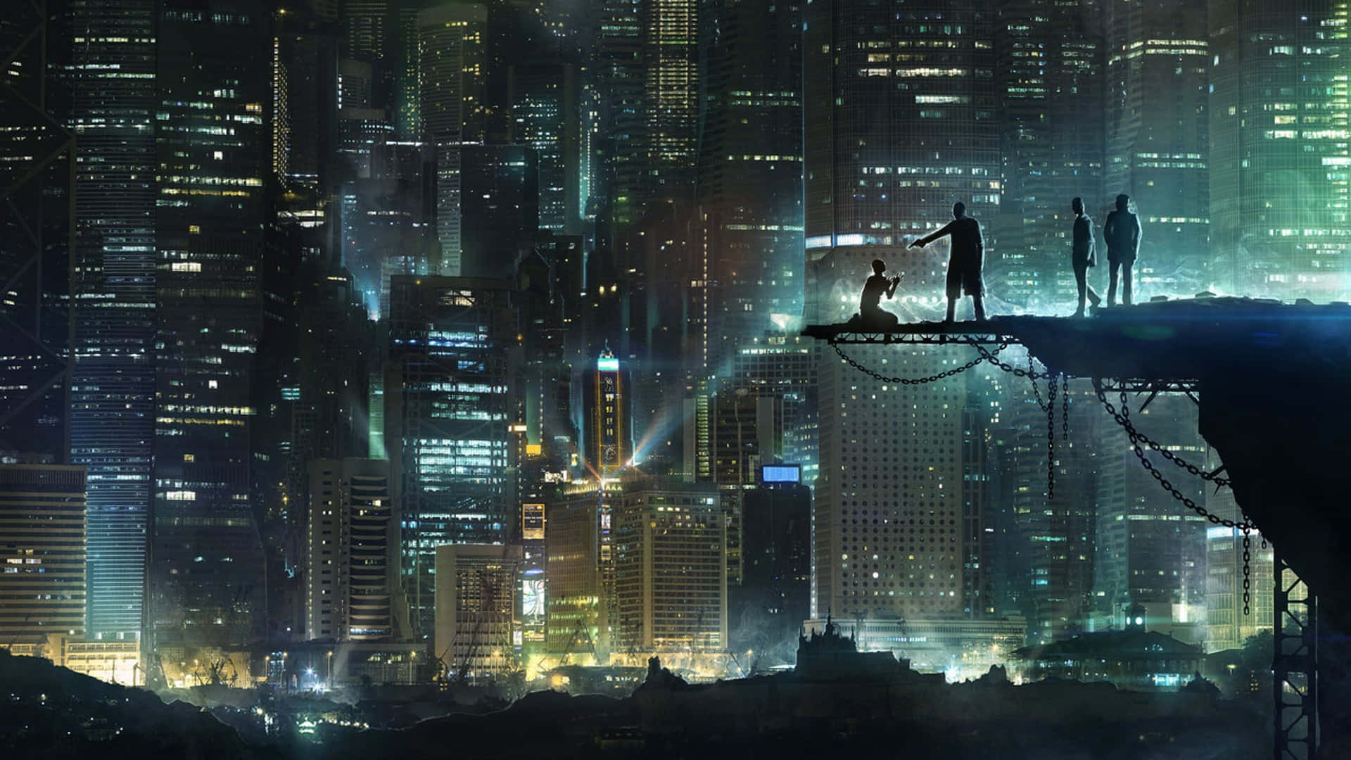 Gotham City 桌布 壁紙 — 剪影人物站在一座斷橋上，俯瞰夜晚霓虹燈閃爍的未來城市景觀。