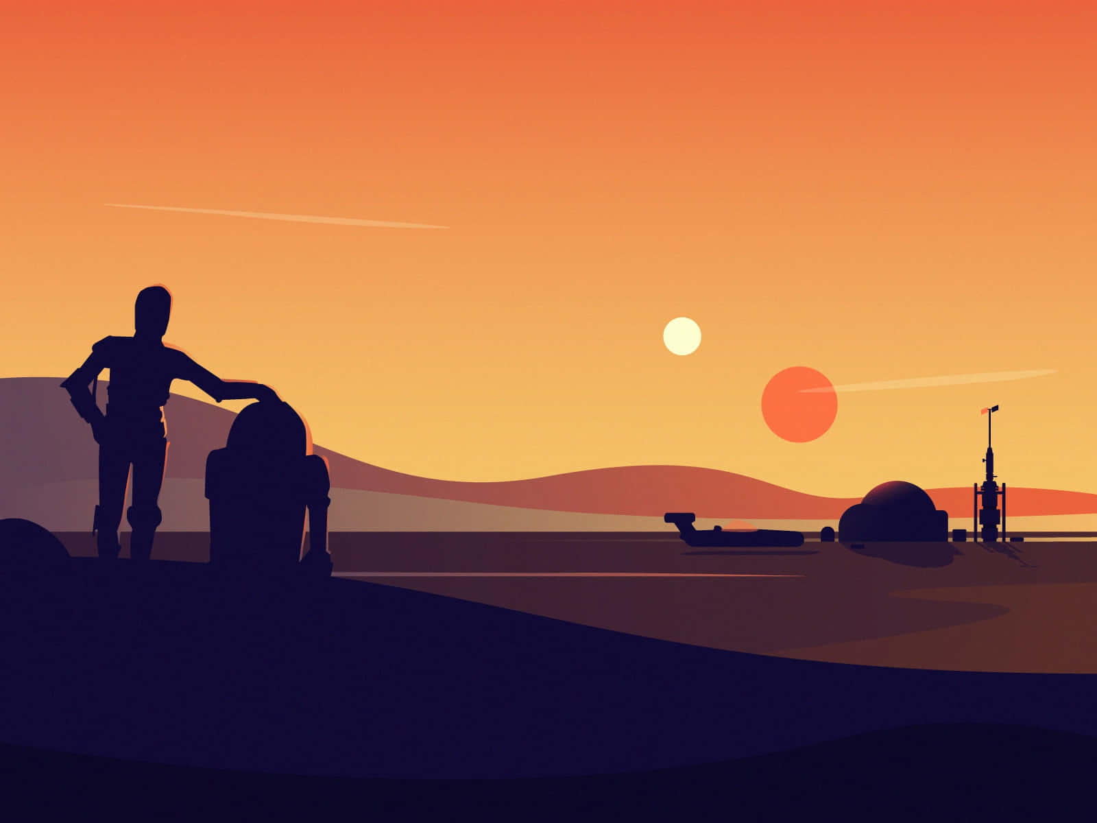 Tatooine 桌布 壁紙 — 剪影人物站在沙漠星球上，夕陽西下，天空中有兩個太陽發出橙色和紅色的光芒。
