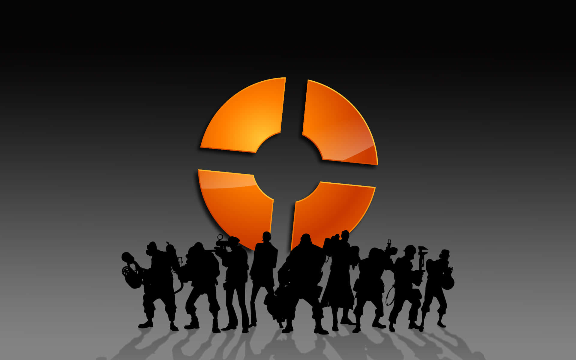 Team Fortress 2 Characters 桌布 壁紙 — 剪影人物站在發光的橙色圓形標誌前，背景為深色漸變。