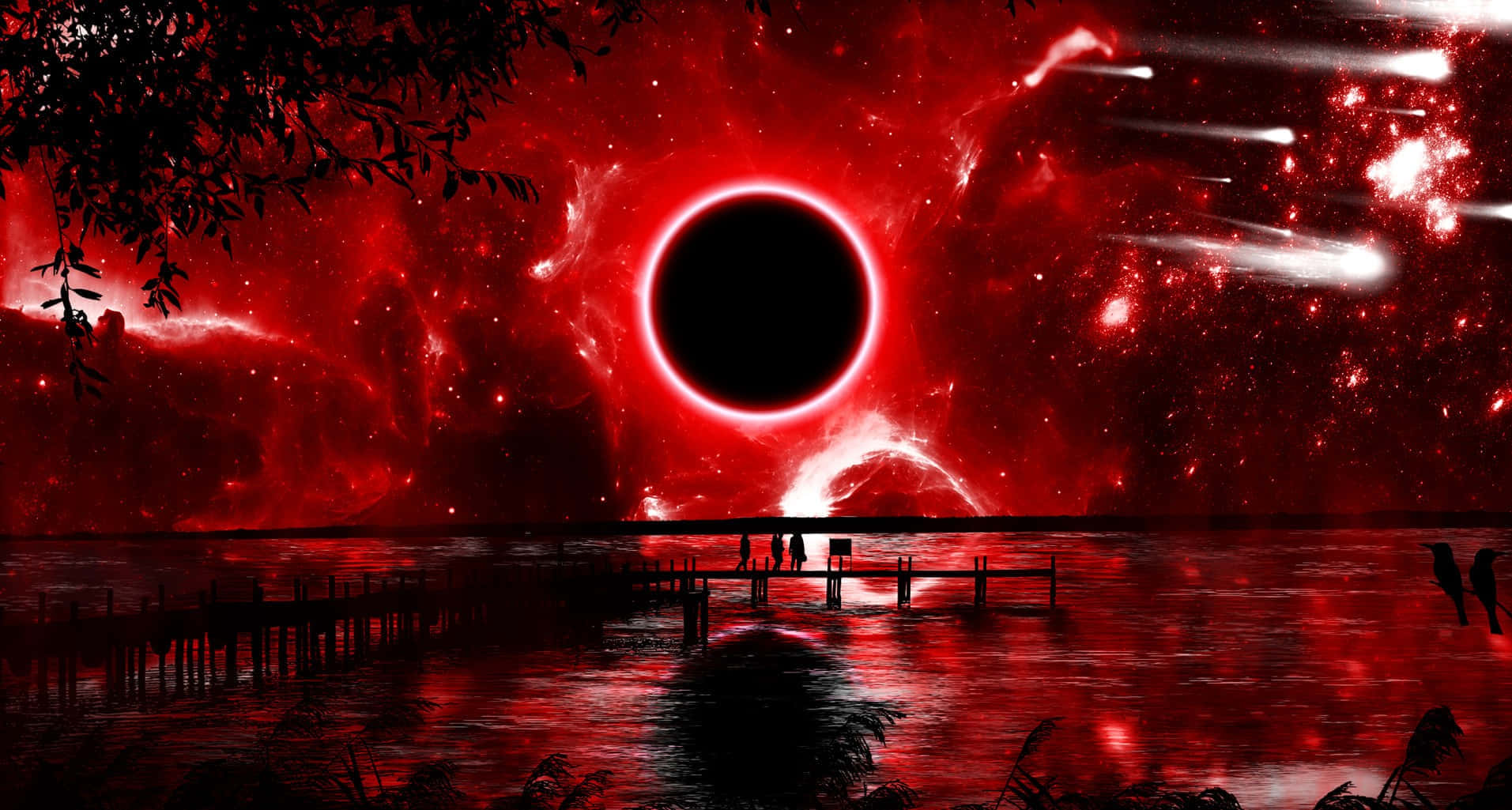 Red Space 桌布 壁紙 — 剪影人物站在碼頭上，背景是血紅色的宇宙天空，有黑洞和流星。
