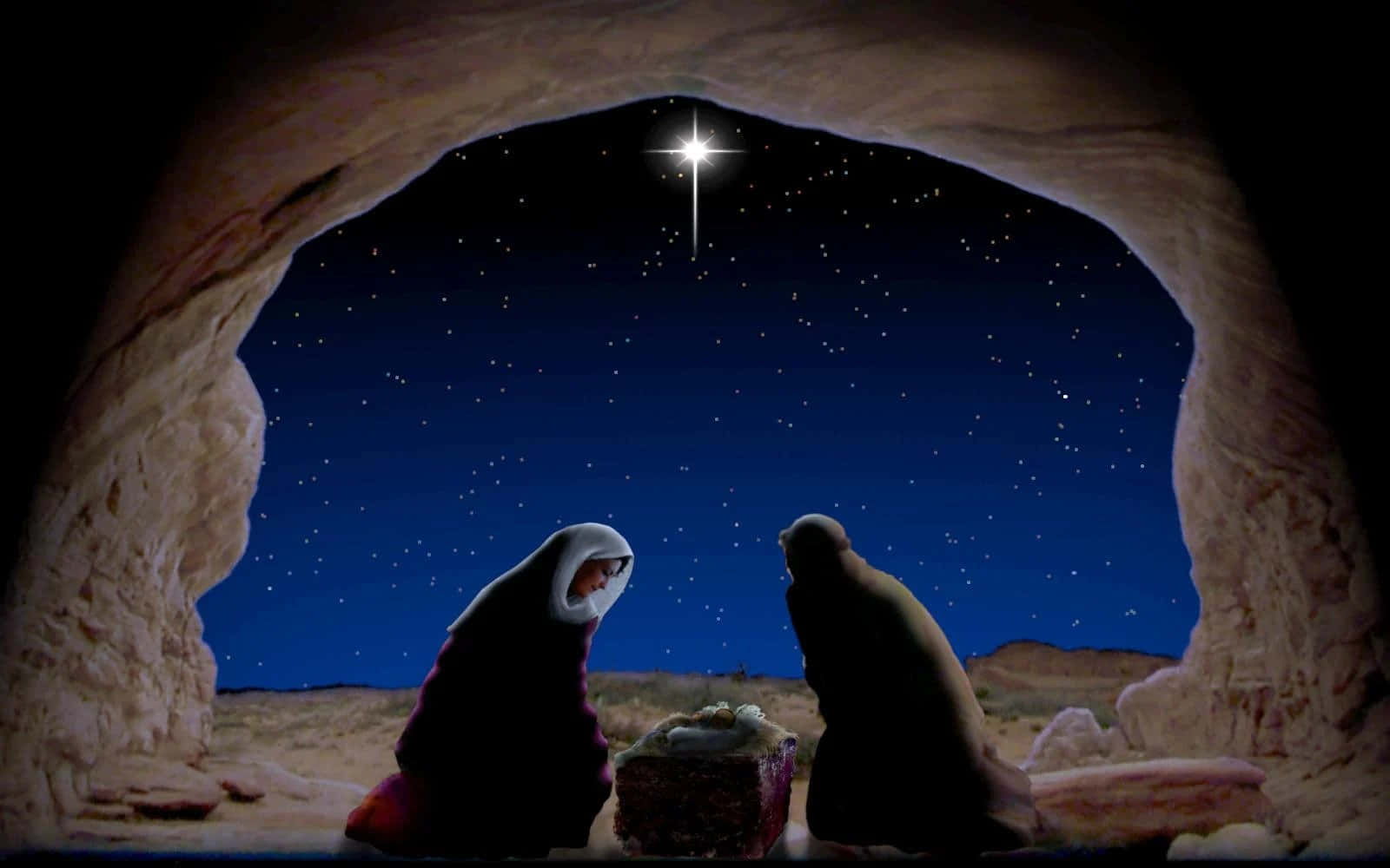 Nativity 桌布 壁紙 — 剪影人物跪在馬槽前，背景是洞穴入口框住的星空夜空。