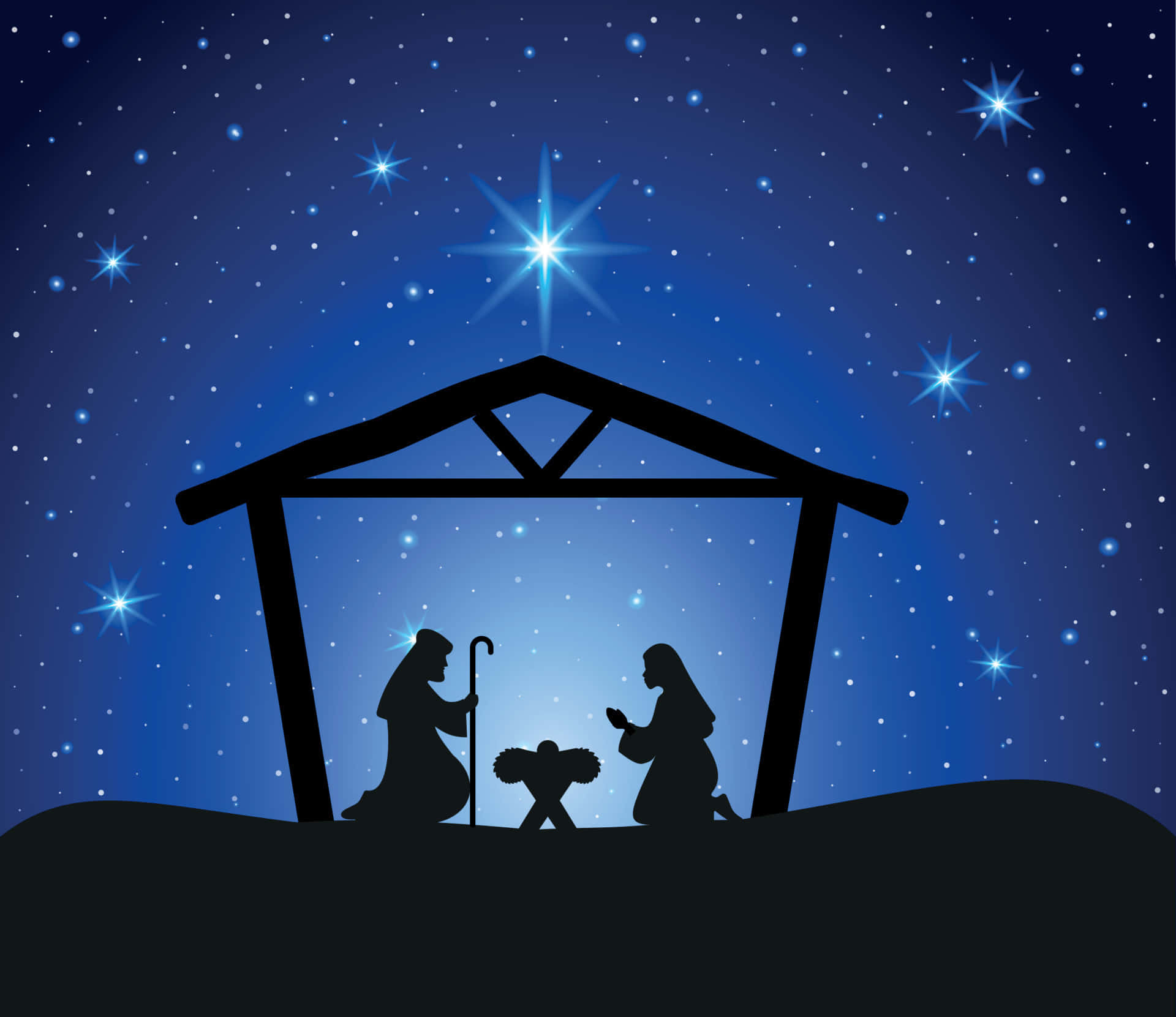 Nativity Scene 桌布 壁紙 — 剪影人物跪在馬槽旁，上方有星光閃爍的夜空和一顆明亮的星星。