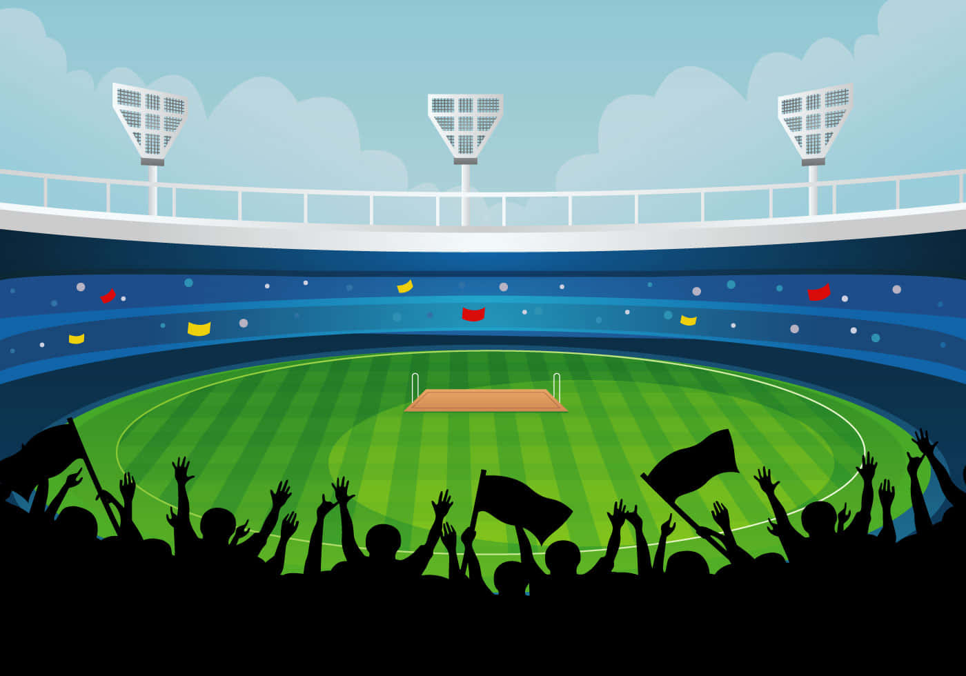 Cricket Ground 桌布 壁紙 — 剪影人群在明亮的綠色板球場上，在明亮的球場燈光和晴朗的藍天下瘋狂歡呼。