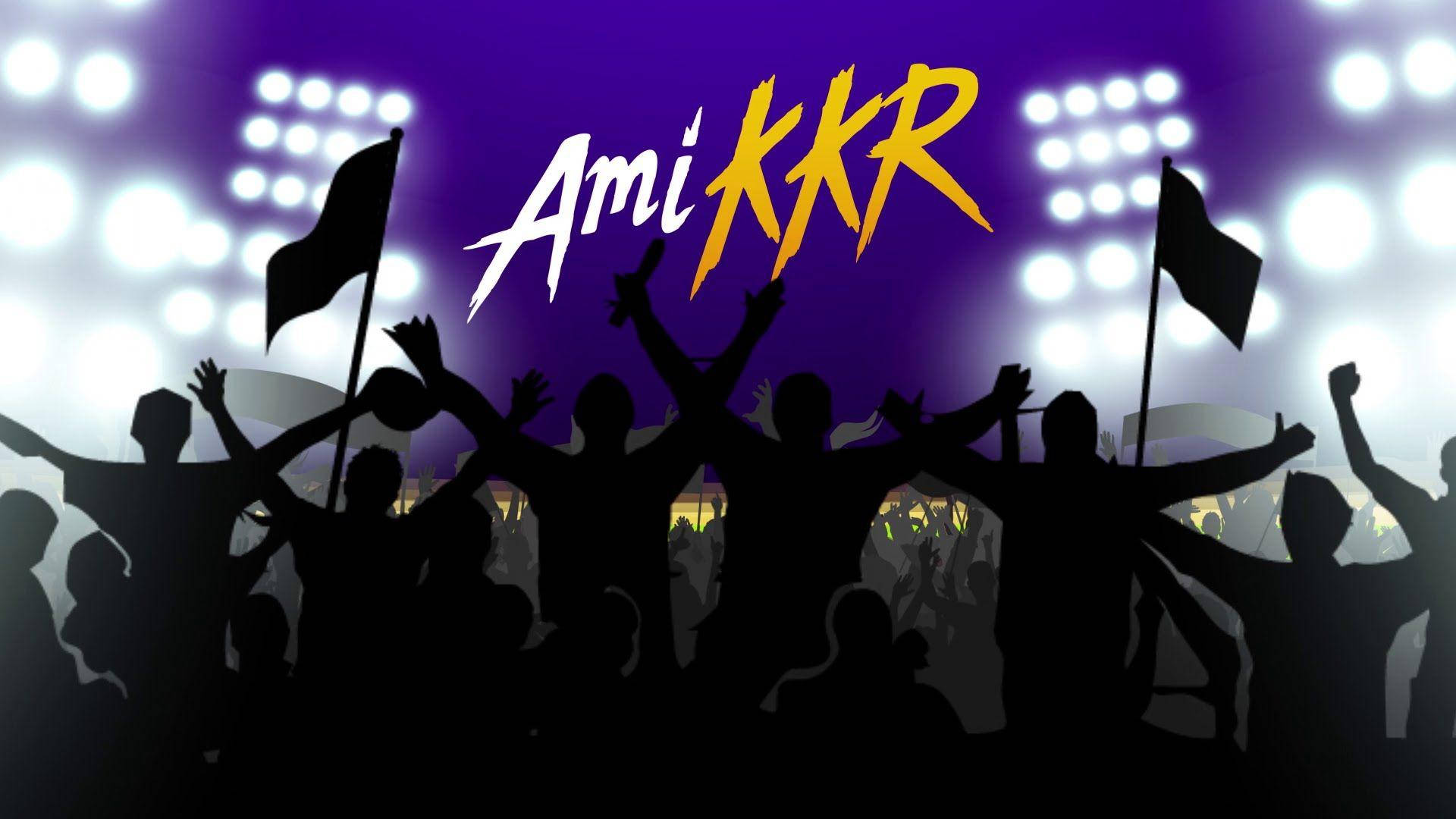 Kolkata Ami KKR 壁紙 — 剪影人群在明亮的體育場燈光下歡呼，'Ami KKR' 標誌以紫色和黃色發光。