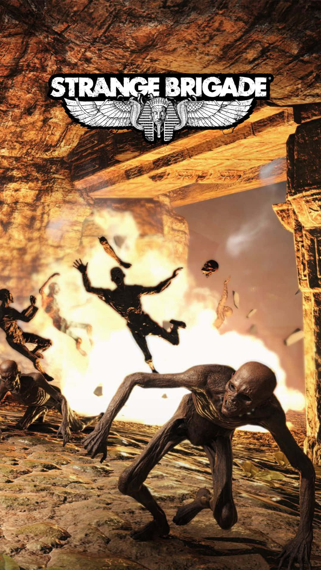 Android Strange Brigade 桌布 壁紙 — 剪影冒險者跳過古埃及墓穴，骷髏守護者在火焰爆炸中向前湧現。
