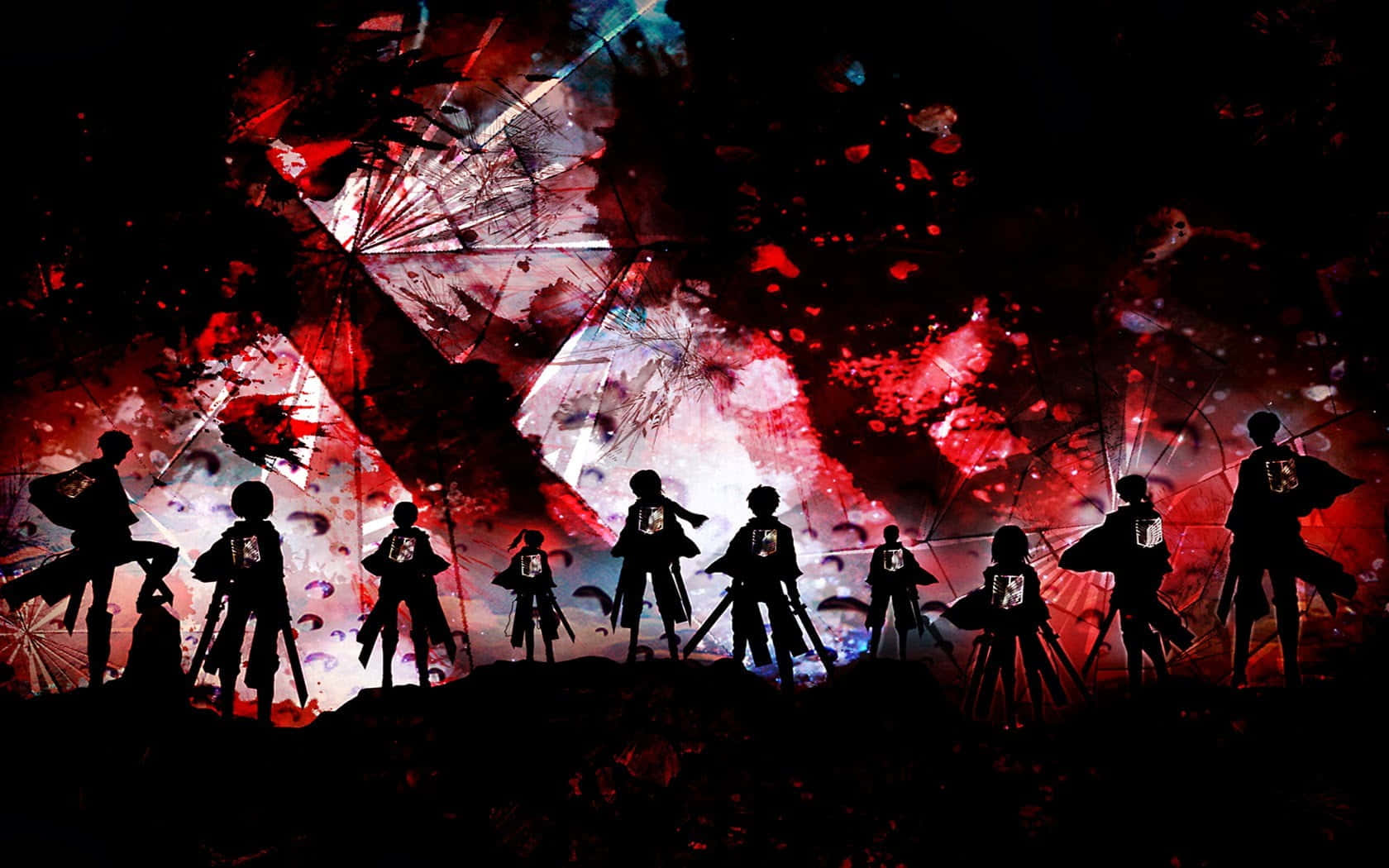 Attack On Titan Poster 桌布 壁紙 — 剪影動漫戰士站在懸崖上，背景是混亂的紅色和黑色潑濺，帶有發光的白色點綴。