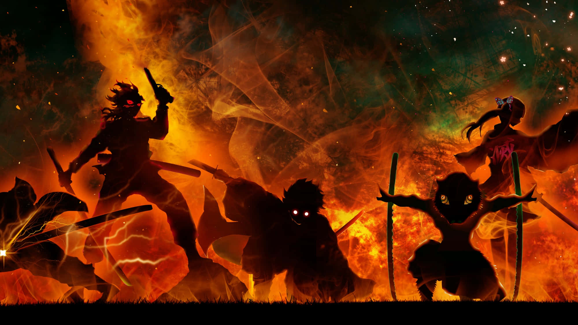 Demon Fighting 桌布 壁紙 — 剪影動畫戰士在星空下，於熾熱爆炸和旋轉煙霧中戰鬥。
