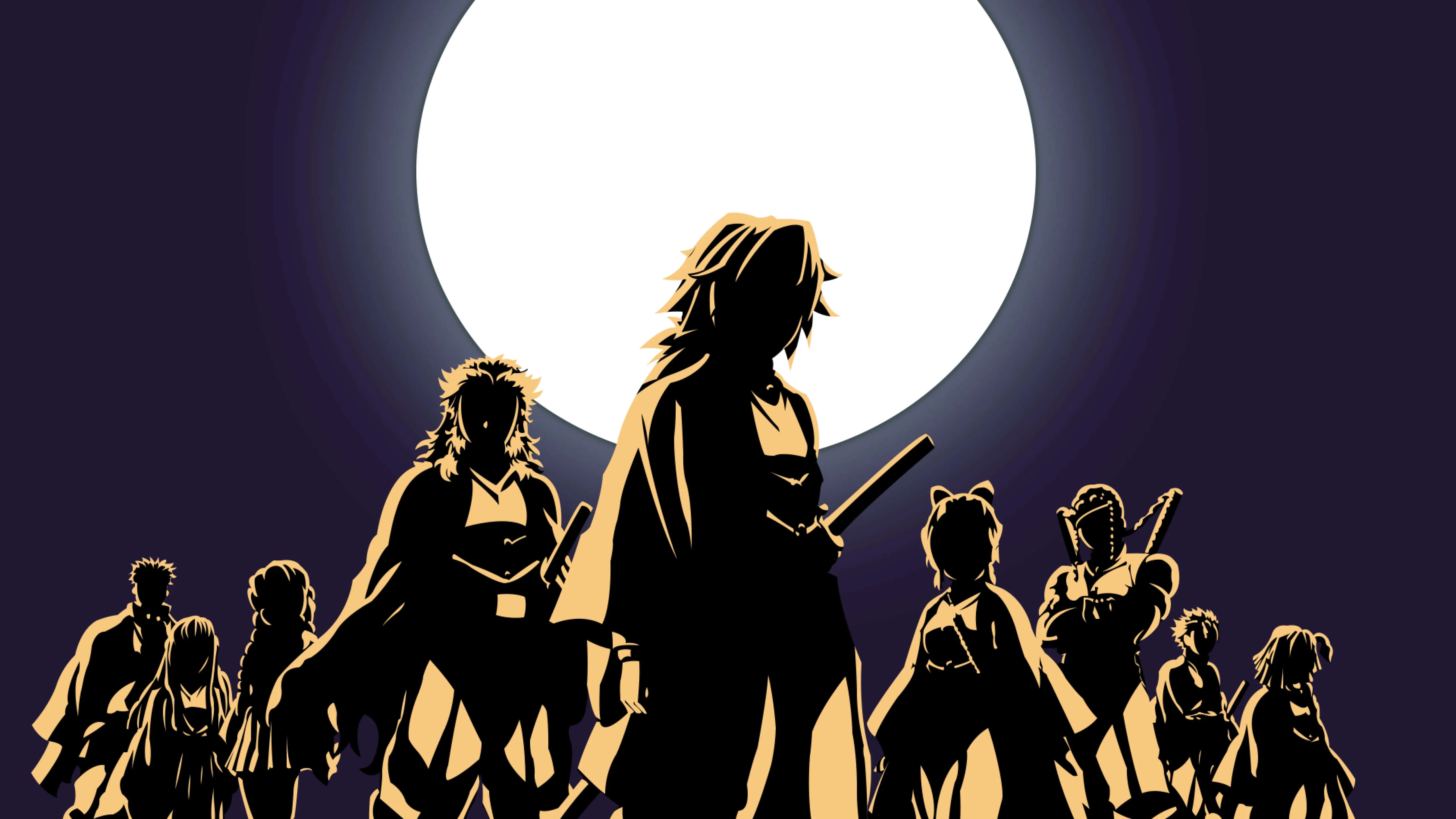 Rengoku Minimalist 桌布 壁紙 — 剪影動畫戰士站在發光的滿月前，構成戲劇性的夜景。