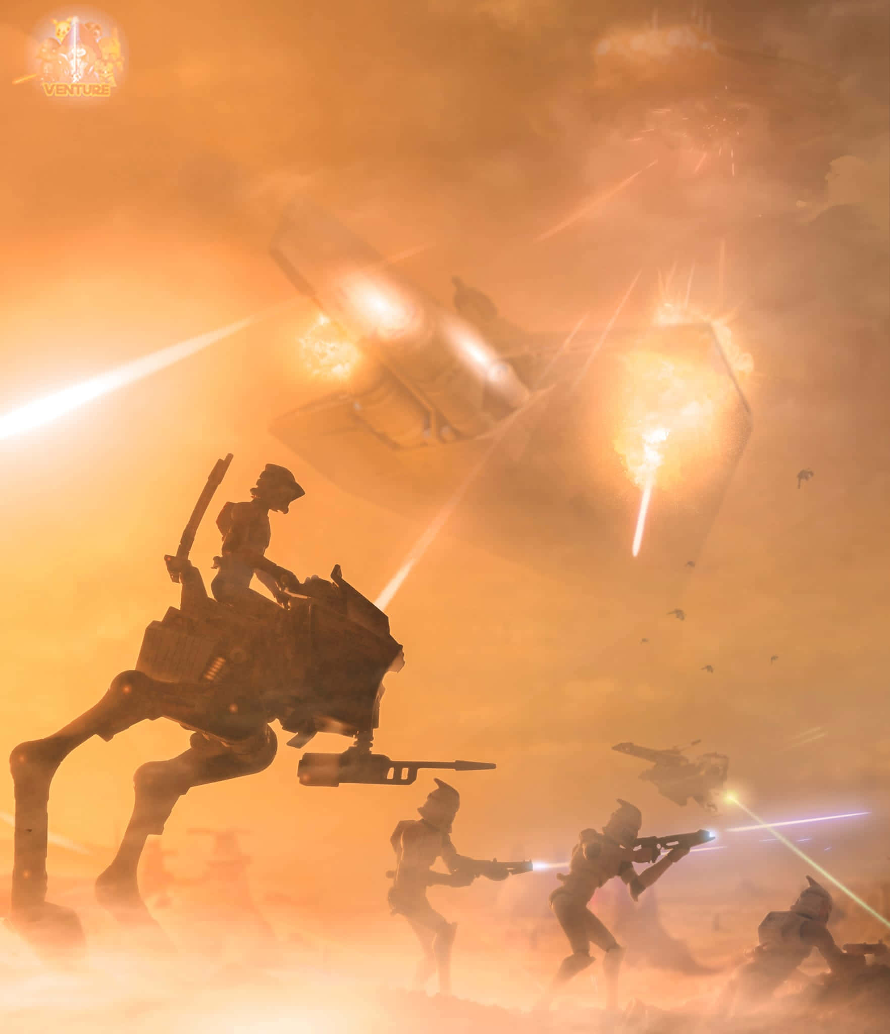 The Battle Of Geonosis 桌布 壁紙 — 剪影士兵和步行者在塵土飛揚的橙色戰場上，在熾熱的爆炸和飛行的星際戰鬥機中戰鬥。