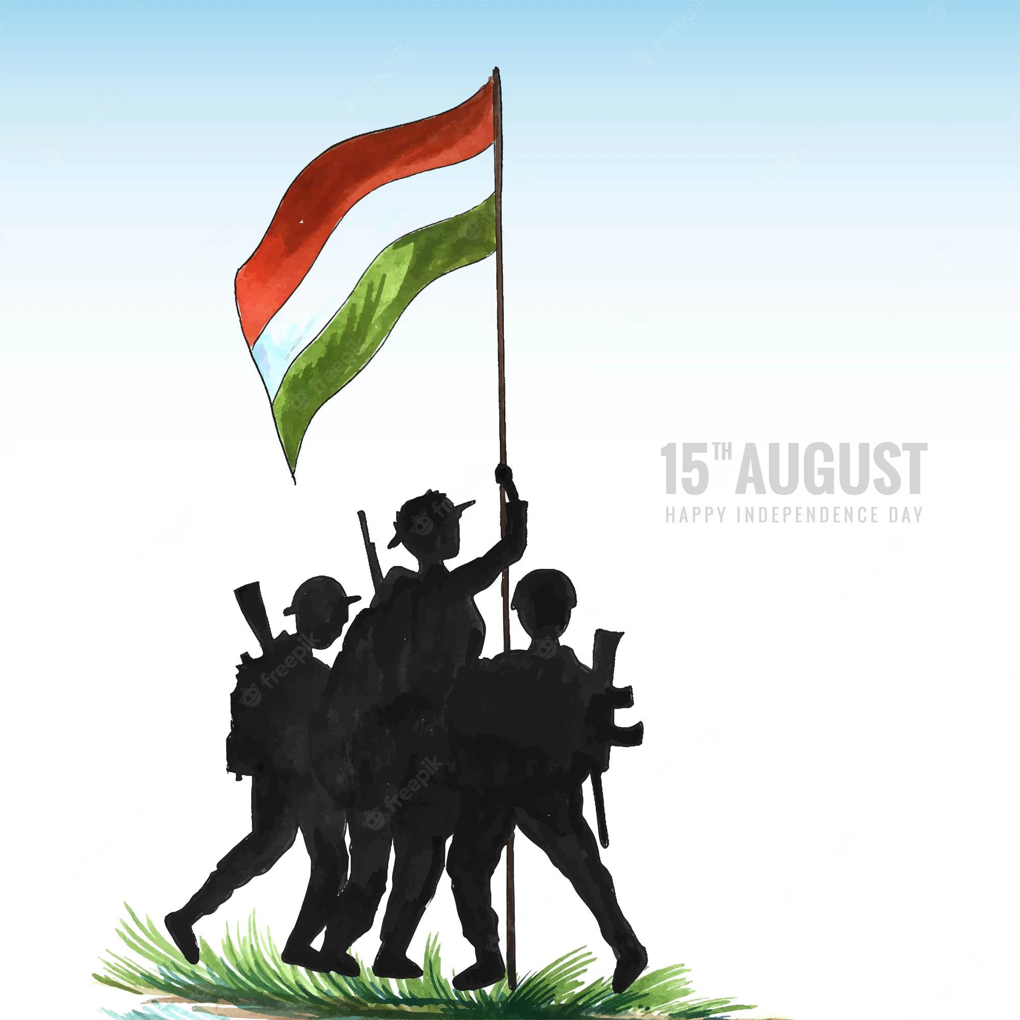Indian Army 桌布 壁紙 — 剪影士兵在晴朗的天空下升起三色旗，慶祝8月15日獨立日。