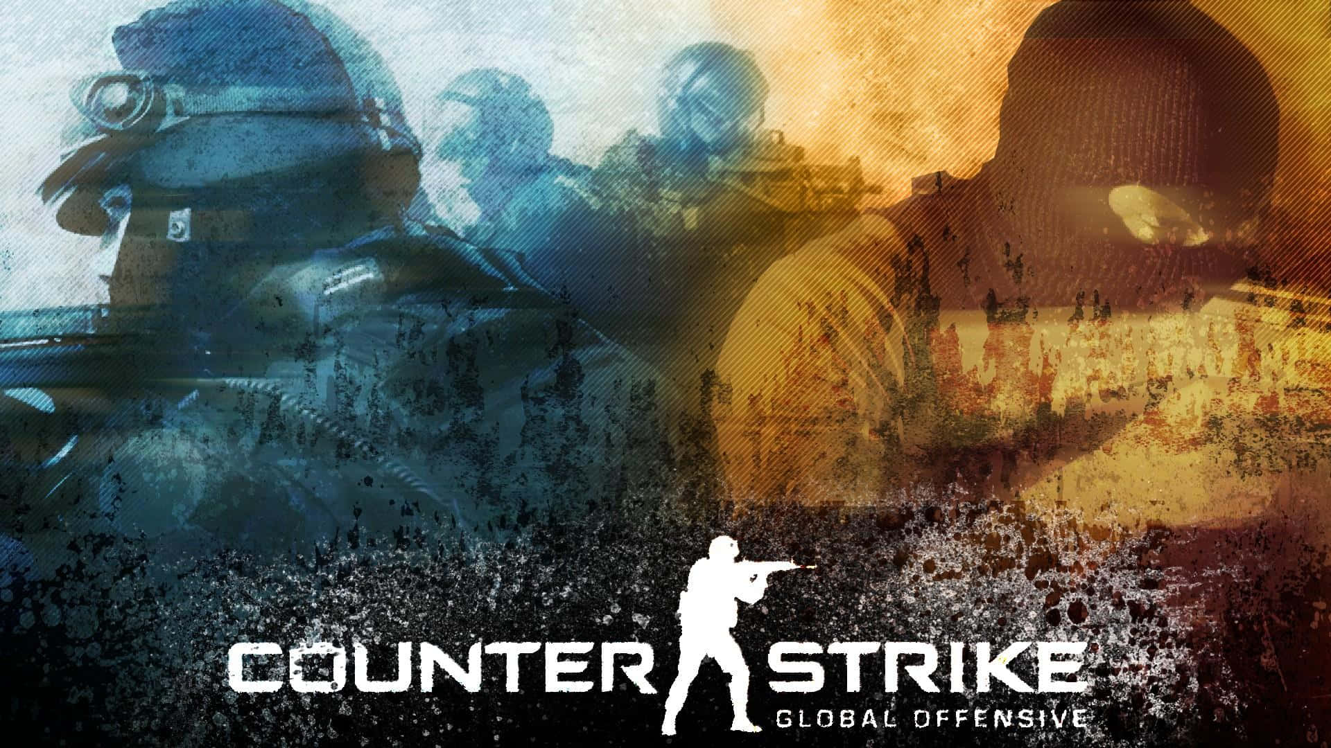 Cs 桌布 壁紙 — 剪影士兵身穿戰術裝備，在熾熱橙色和冷藍色背景、粗糙紋理和遊戲標誌的襯托下交戰。