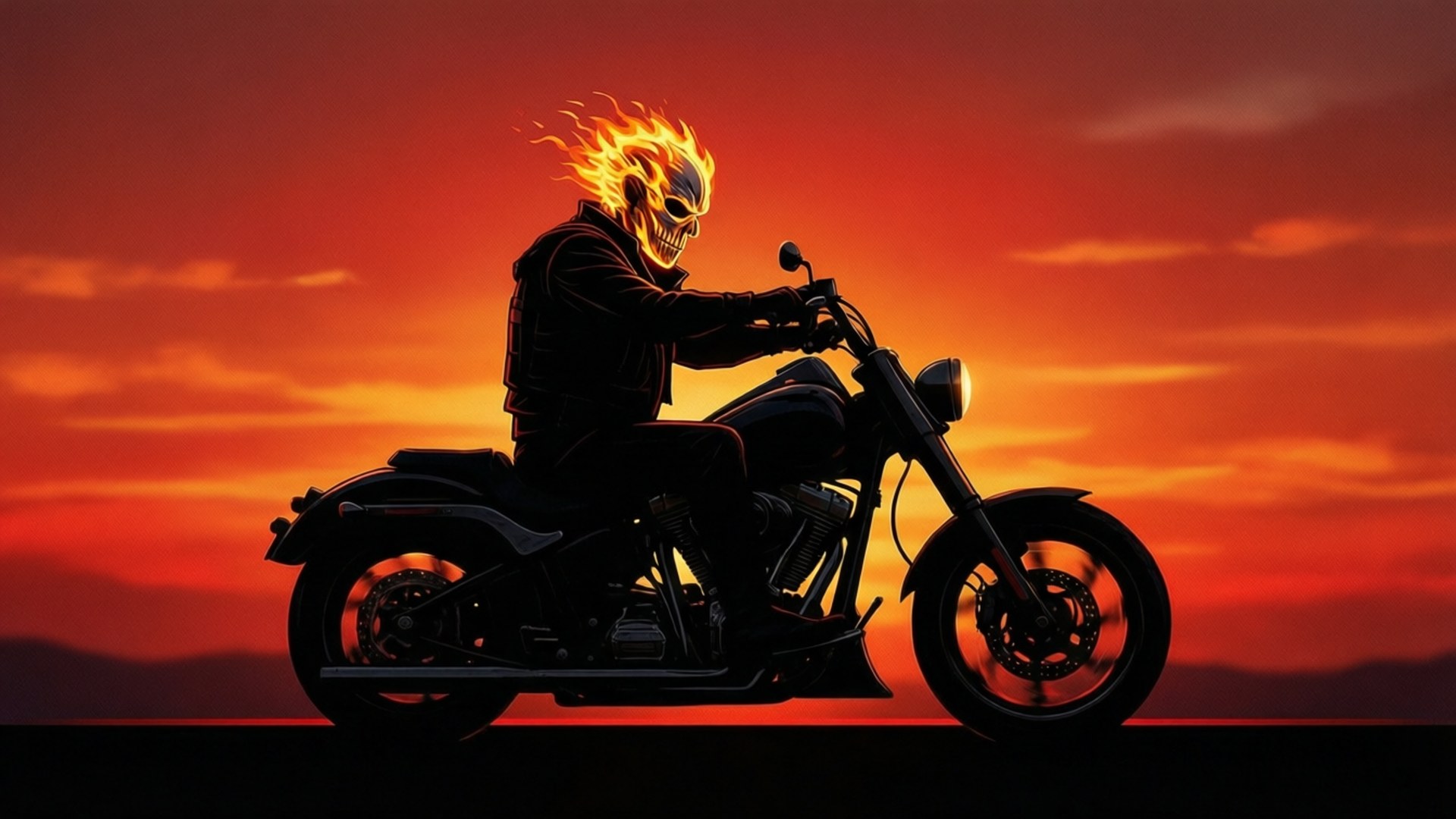 火焰骷髏騎士騎黑色電單車，火紅橙色日落 — 鬼 Rider 壁紙