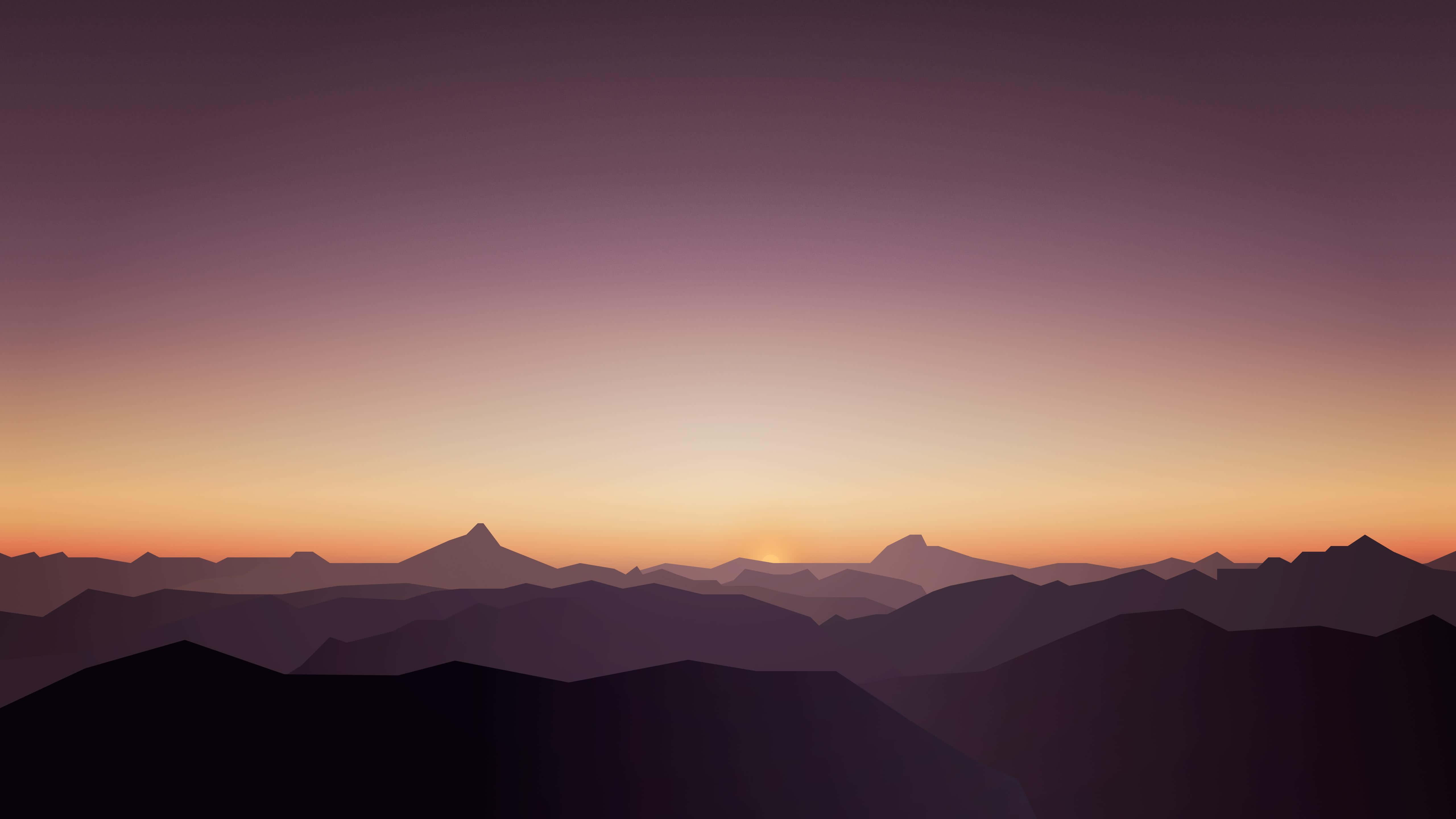 Minimalist Sunset 桌布 壁紙 — 剪影山脈在日落時分延伸於由深紫色漸變至暖橙色的天空下。