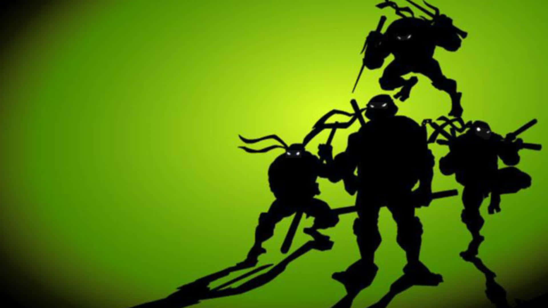 tmnt 桌布 壁紙 — 剪影忍者龜在發光的綠色漸變背景上跳躍和攻擊。