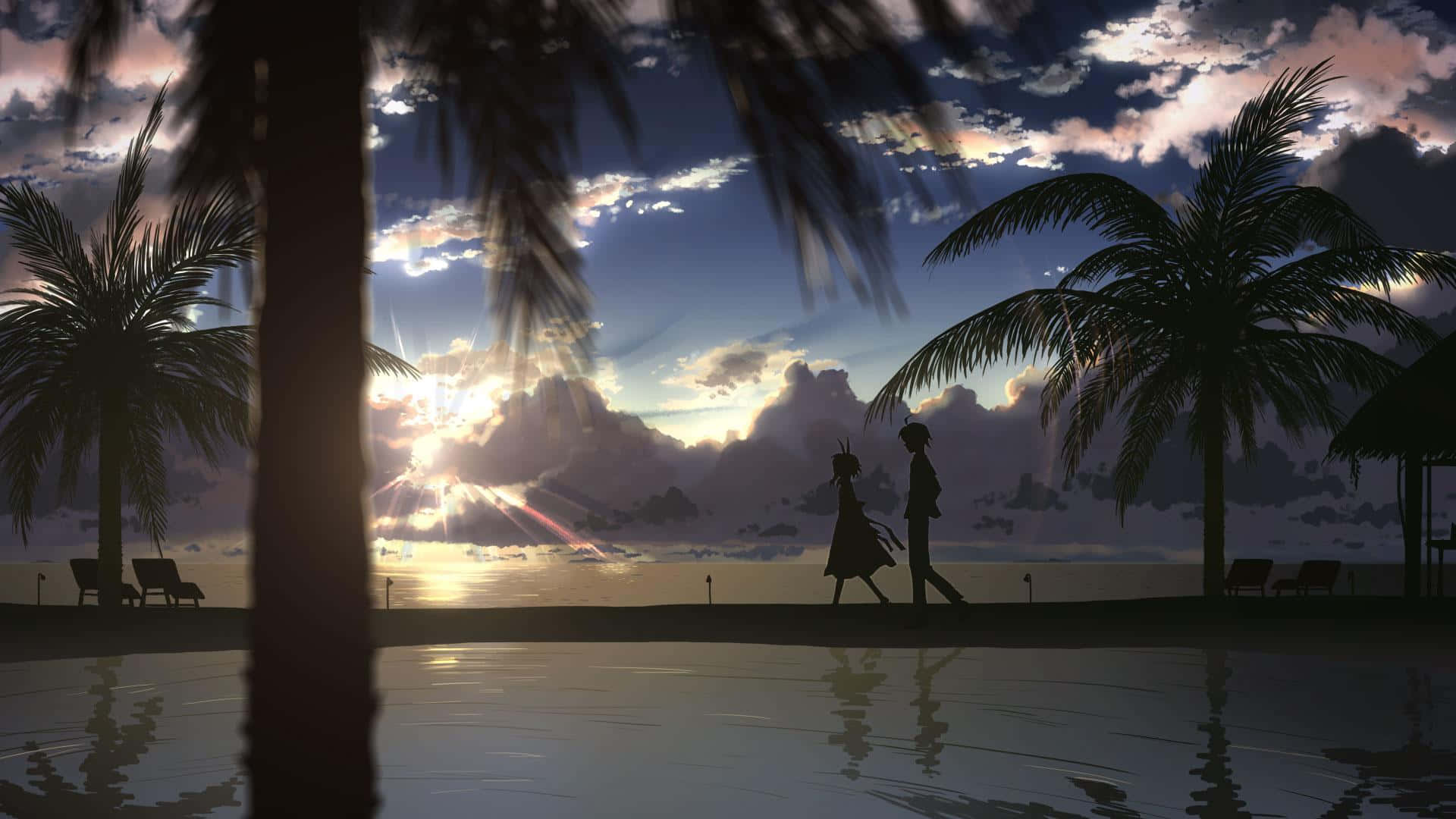 Anime Sunset 桌布 壁紙 — 剪影情侶在日落時分沿著寧靜的海灘漫步，棕櫚樹和發光的雲彩構成框架。